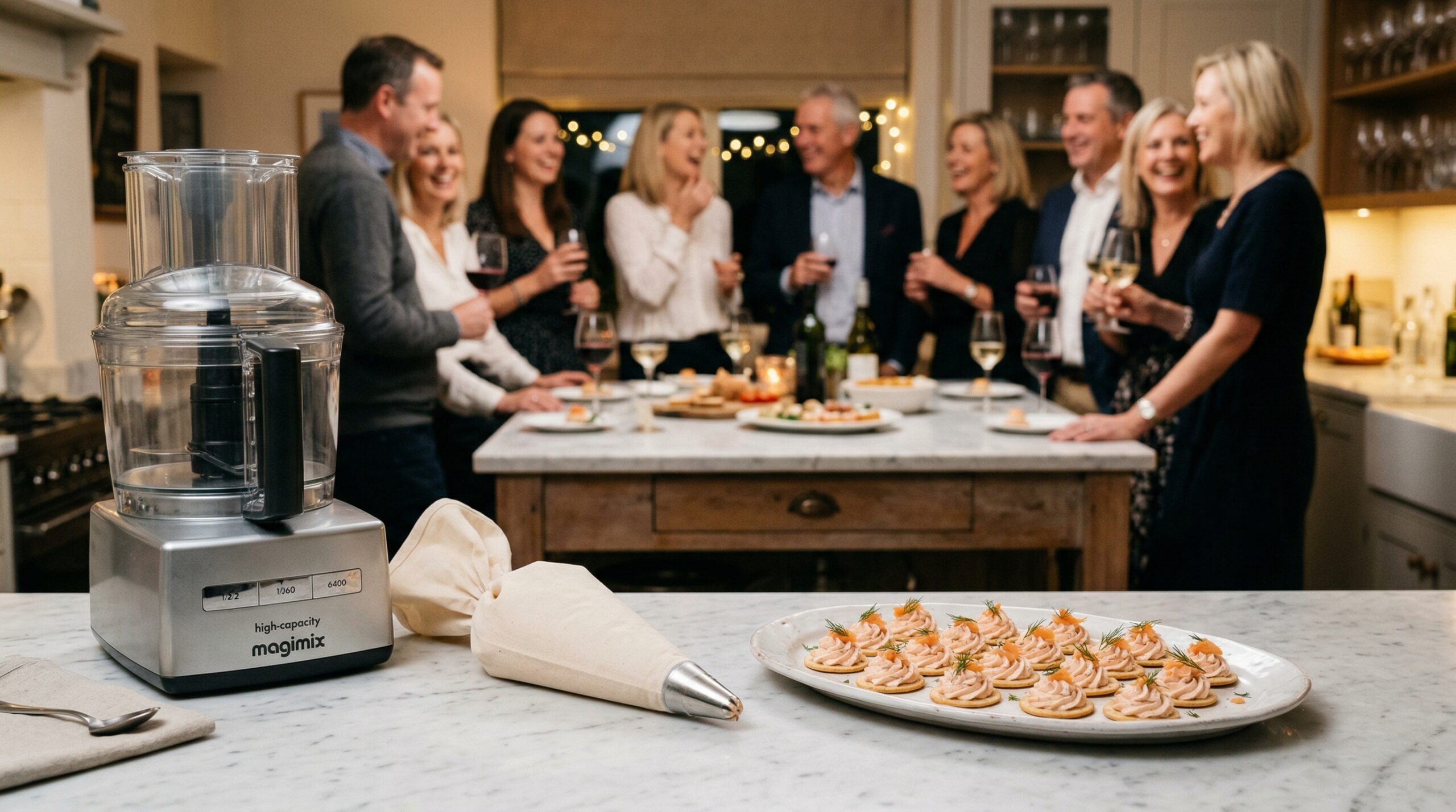 A high-capacity food processor bowl, a professional pastry bag, and a ceramic platter of piped salmon mousse in sharp focus, with an elegant evening cocktail hour blurred in the background