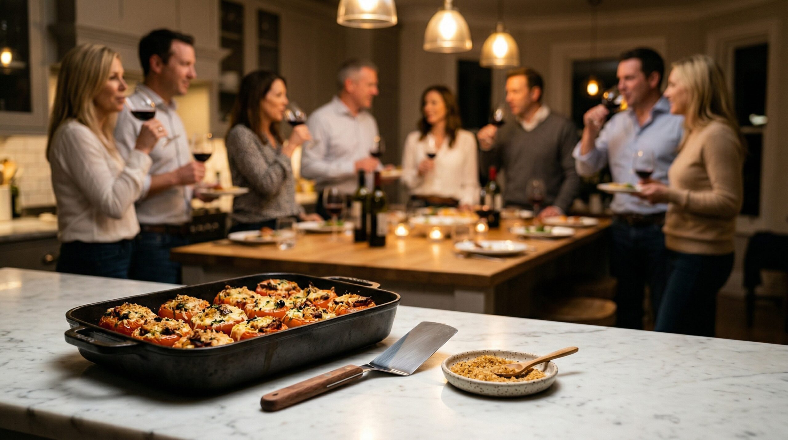 A heavy metal baking dish holding roasted tomatoes and a professional silver serving spatula in sharp focus in the foreground, with an elegant softly lit evening gathering blurred in the background