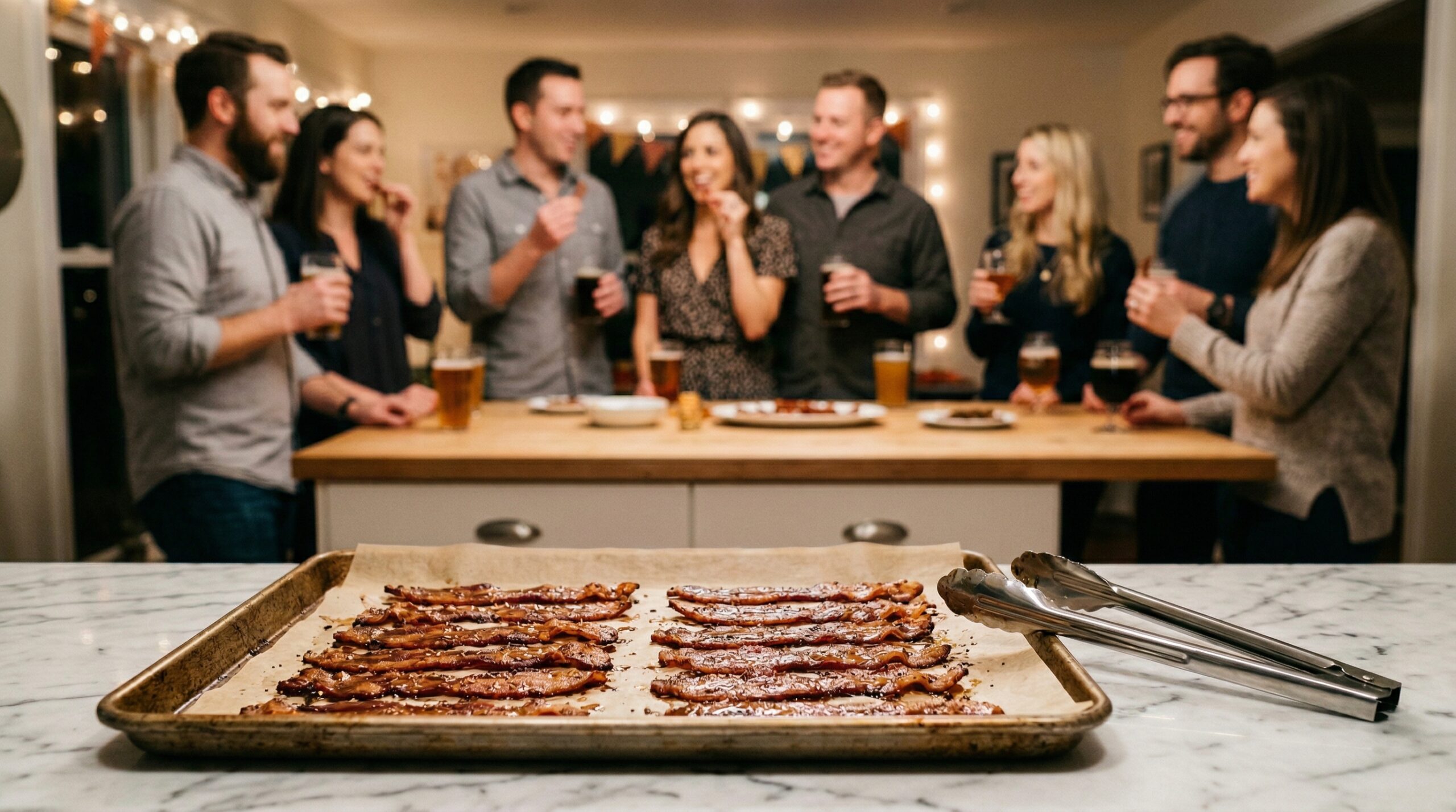 A heavy metal baking sheet lined with parchment, crispy candied bacon strips, and polished silver meat tongs in sharp focus in the foreground, with an elegant softly lit evening cocktail party blurred in the background