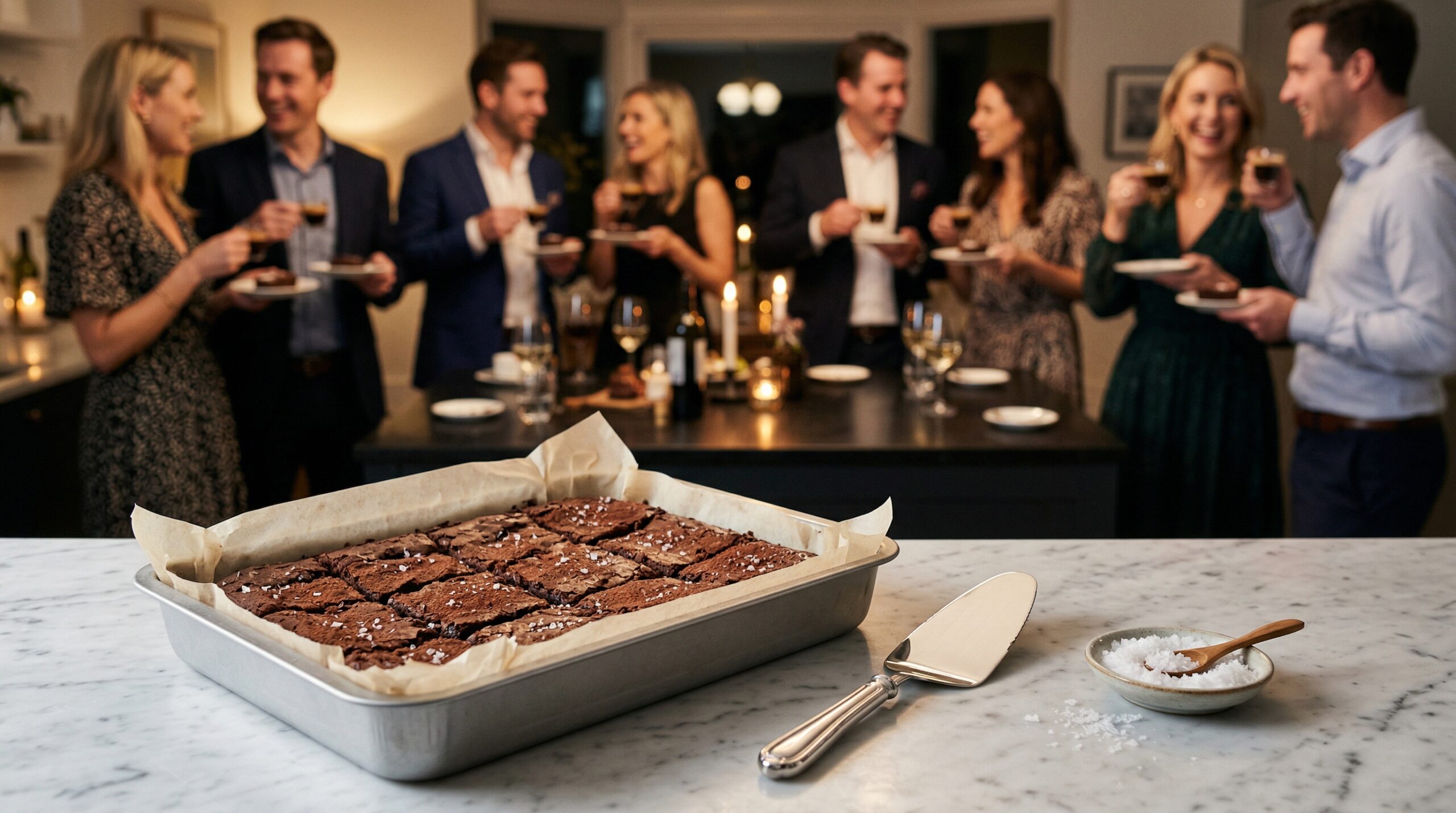A 9x13-inch metal baking pan lined with parchment paper holding sliced brownies, a silver pastry server, and a small dish of sea salt in sharp focus in the foreground, with an elegant softly lit evening gathering blurred in the background