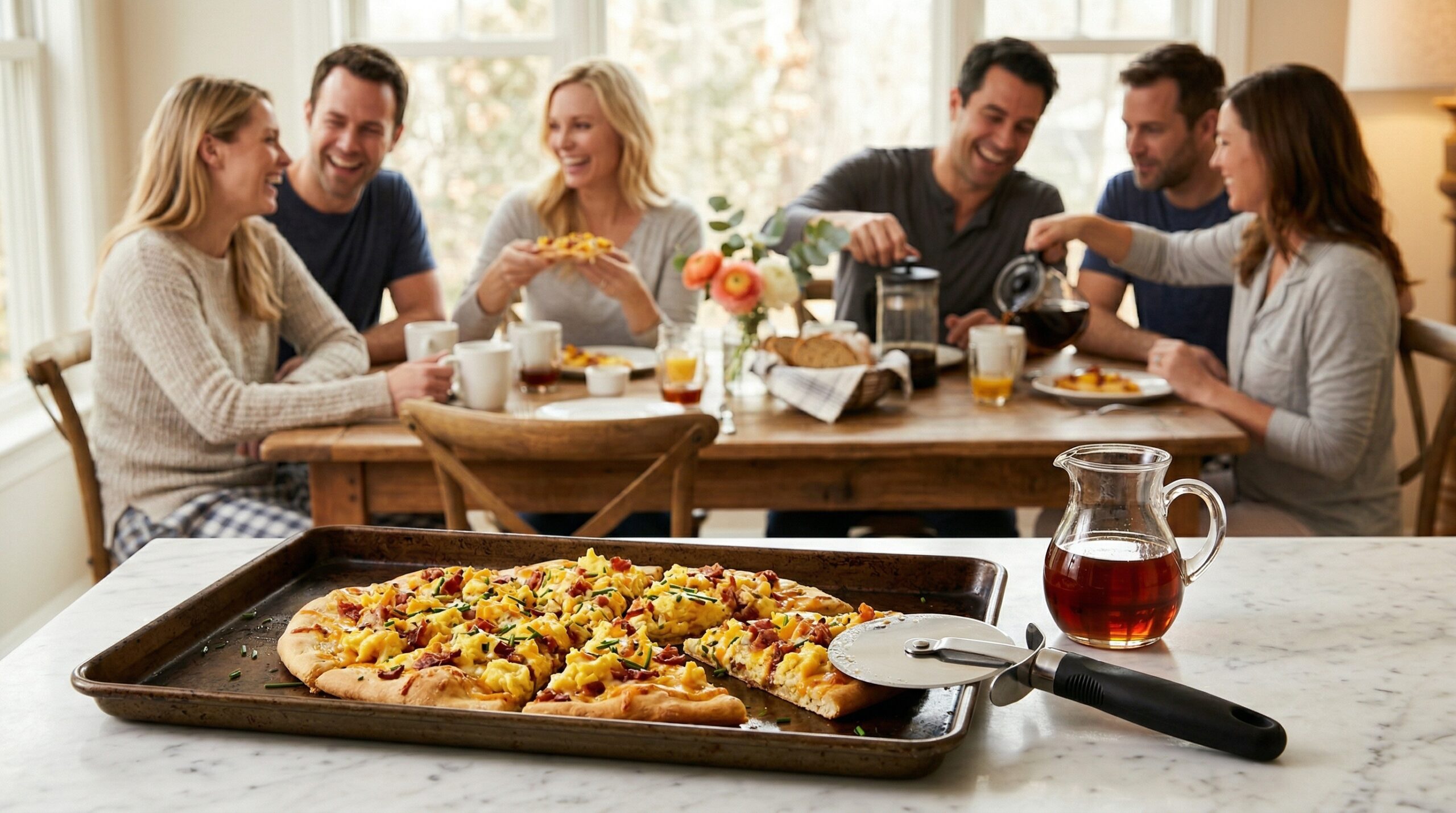 A heavy rectangular baking sheet holding freshly baked breakfast flatbread, a pizza wheel, and a glass pitcher of maple syrup in sharp focus, with an elegant softly lit morning brunch gathering blurred in the background