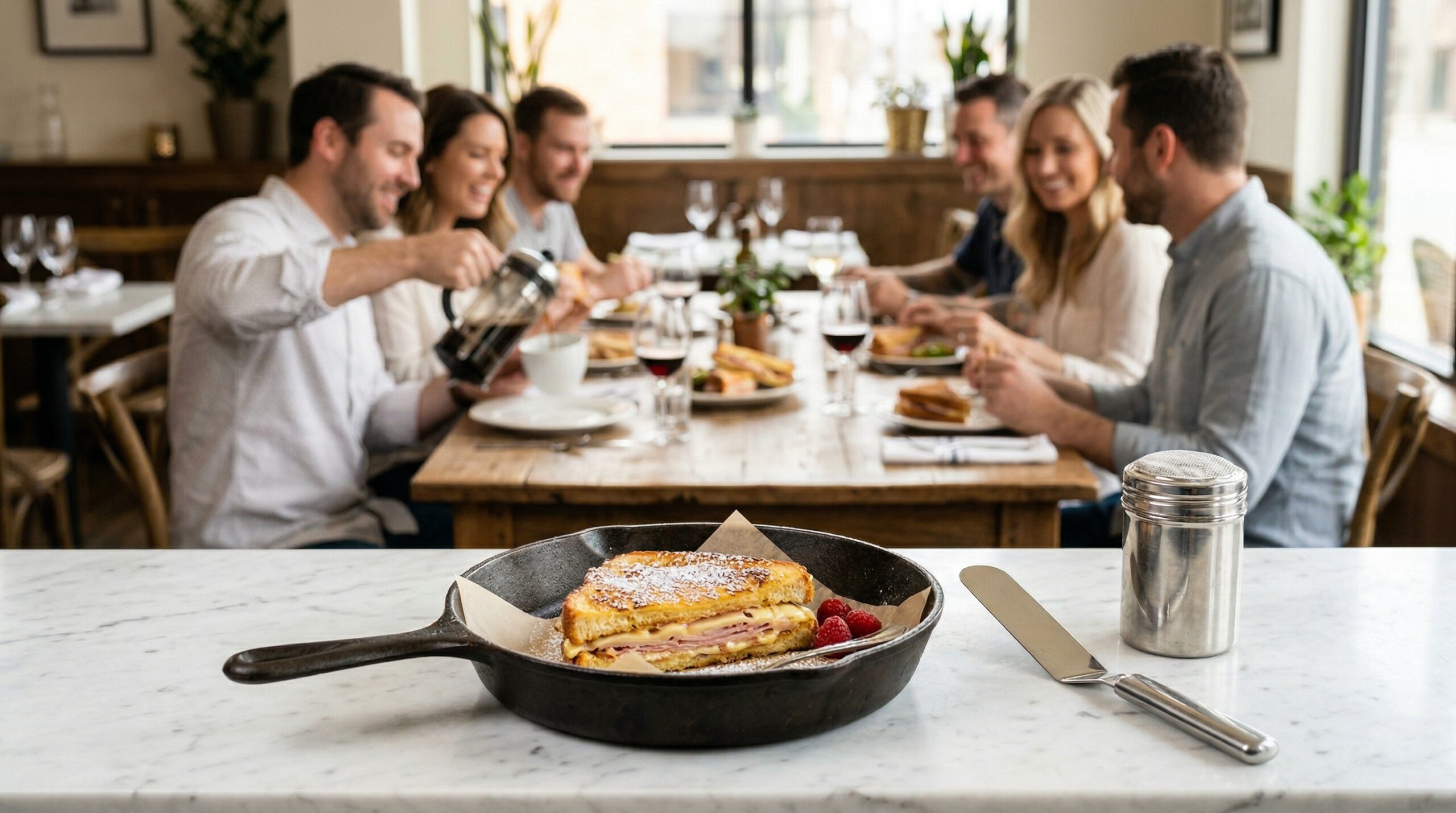 A heavy cast-iron skillet holding a golden Monte Cristo, a professional silver pastry spatula, and a fine-mesh sugar shaker in sharp focus in the foreground, with an elegant softly lit afternoon brunch gathering blurred in the background