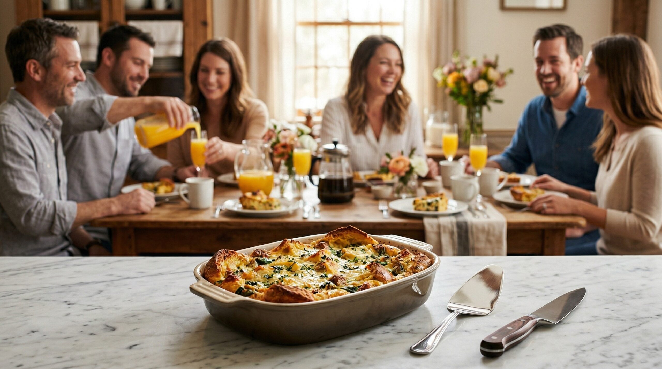 A heavy ceramic baking dish holding bubbling puffed strata, a polished silver serving spatula, and a chef's knife in sharp focus in the foreground, with an elegant morning brunch gathering of four Caucasian couples blurred in the background