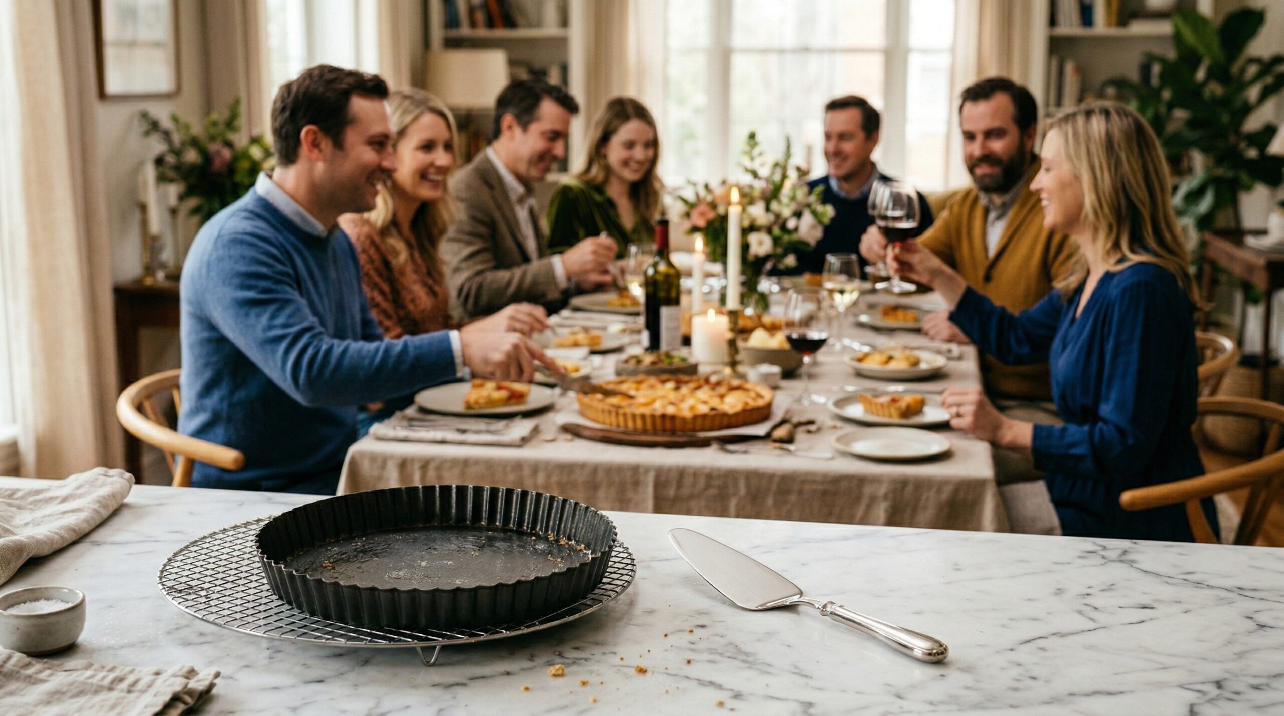A dark metal fluted tart pan with a removable bottom, a wire cooling rack, and a silver pie server in sharp focus in the foreground, with an elegant softly lit afternoon brunch gathering of four Caucasian couples blurred in the background