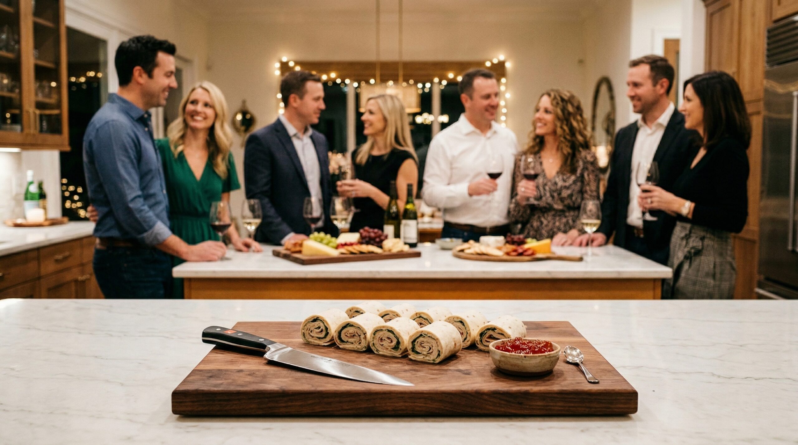 A heavy wooden cutting board holding a chef's knife, tightly wrapped turkey cylinders, and red pepper jelly in sharp focus, with an elegant softly lit evening cocktail hour blurred in the background