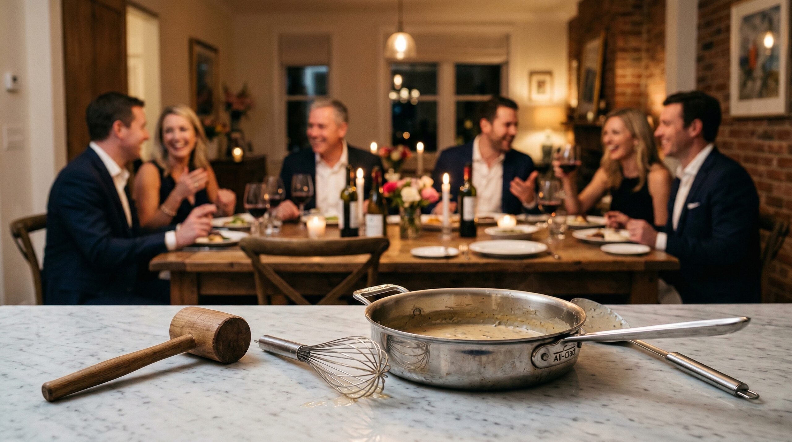 Elegant dinner party background with professional kitchen tools in the foreground