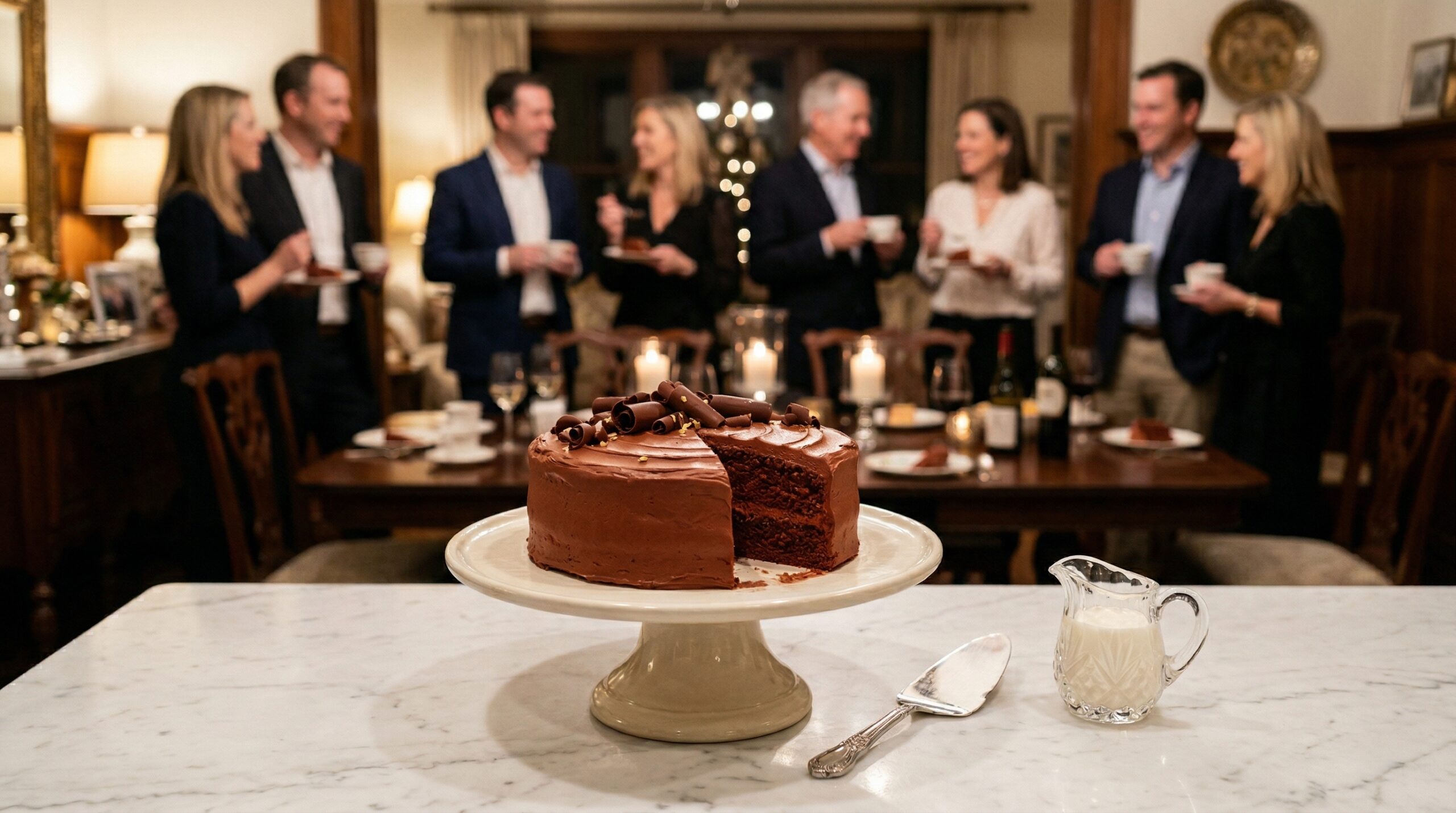 A heavy ceramic cake stand holding the frosted mahogany cake, a polished silver cake server, and a small crystal pitcher in sharp focus, with an elegant softly lit evening gathering blurred in the background