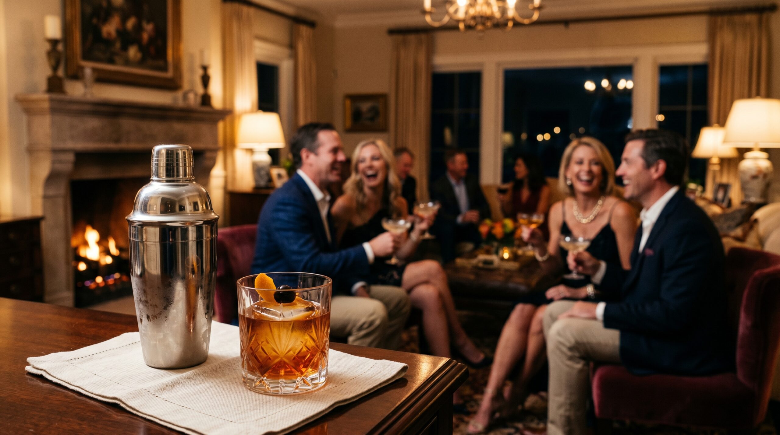 Elegant indoor estate living room during a sophisticated evening cocktail party with couples laughing in the background, a silver shaker and Old Fashioned in the foreground