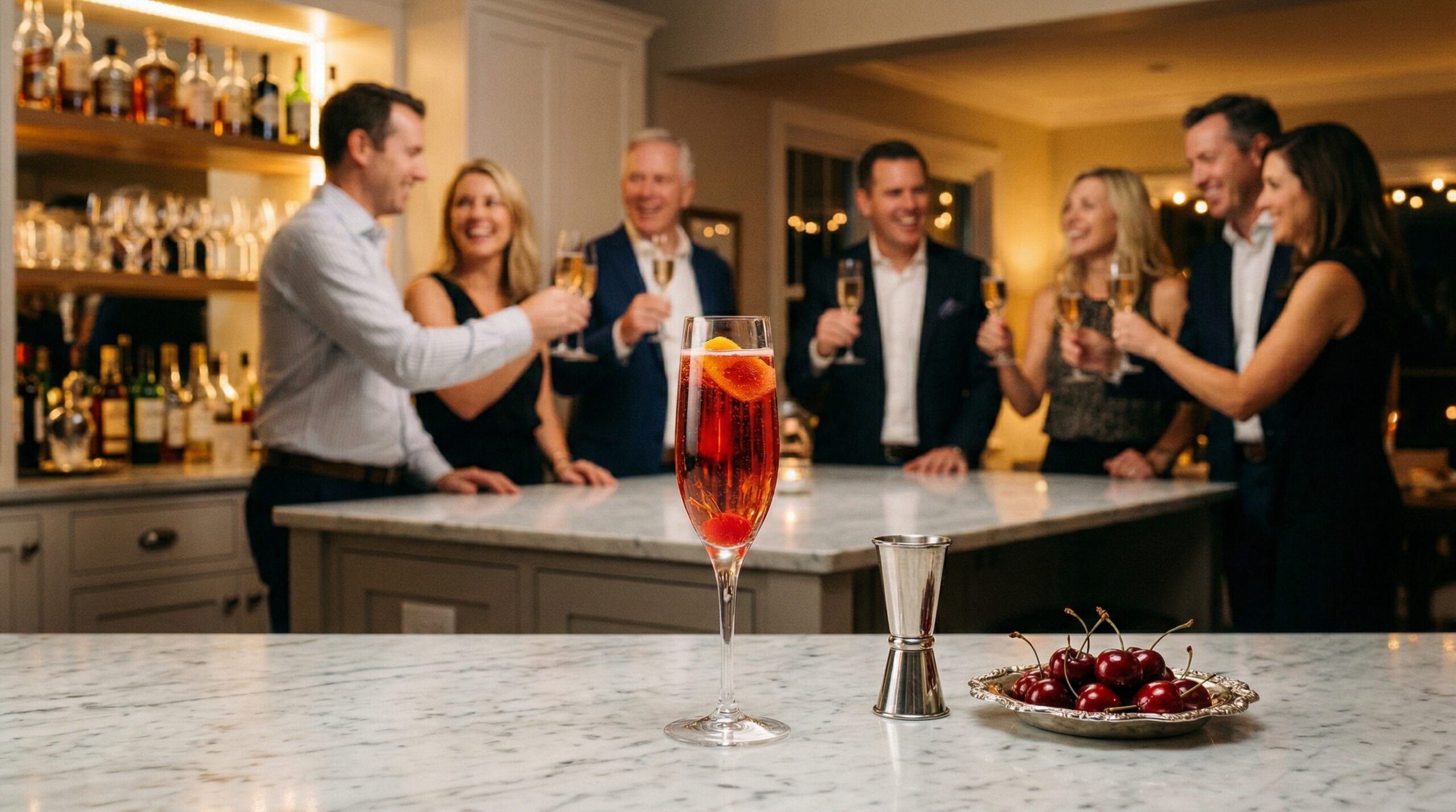 A crystal champagne flute filled with a red cocktail, a polished silver jigger, and a small silver dish of fresh cherries in sharp focus in the foreground, with an elegant softly lit evening cocktail gathering blurred in the background