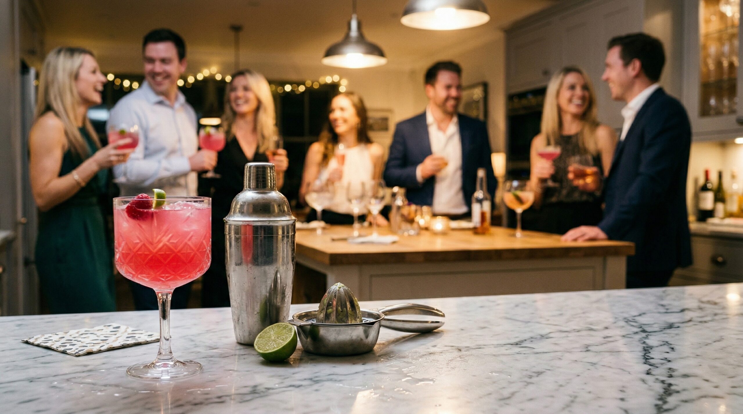 A heavy crystal cocktail glass filled with a bright pink drink, a professional stainless steel cocktail shaker, and a silver citrus juicer in sharp focus in the foreground, with an elegant softly lit evening cocktail party blurred in the background