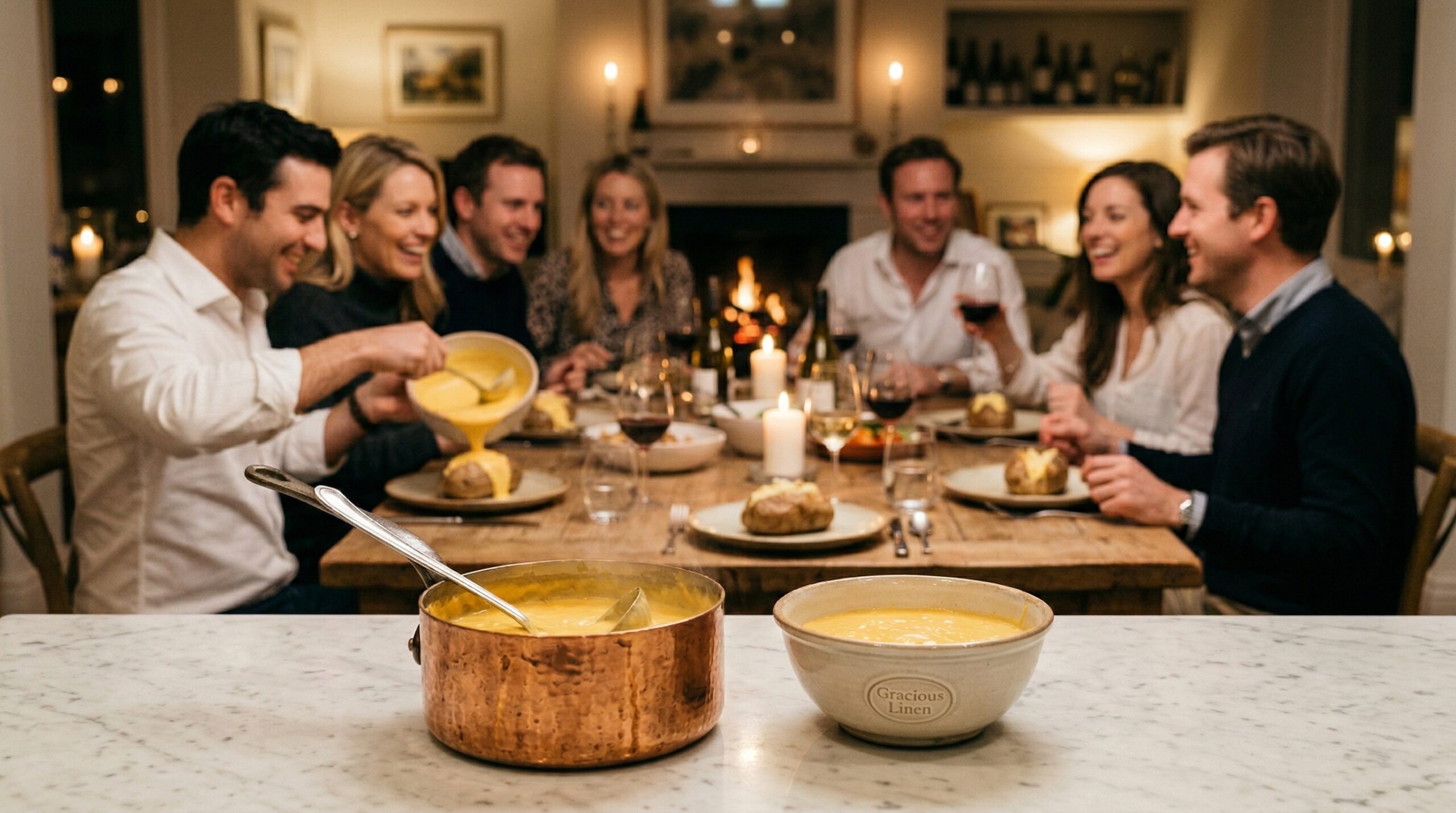 A heavy copper saucepan holding vibrant cheddar cheese sauce and a silver serving ladle in sharp focus in the foreground, with an elegant softly lit evening dining room gathering blurred in the background