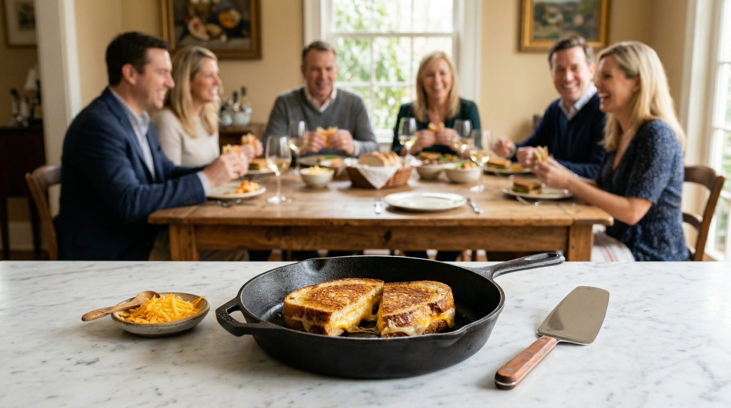 A heavy cast-iron skillet holding a golden grilled cheese, a polished silver serving spatula, and a small ceramic dish in sharp focus in the foreground, with an elegant afternoon luncheon gathering blurred in the background