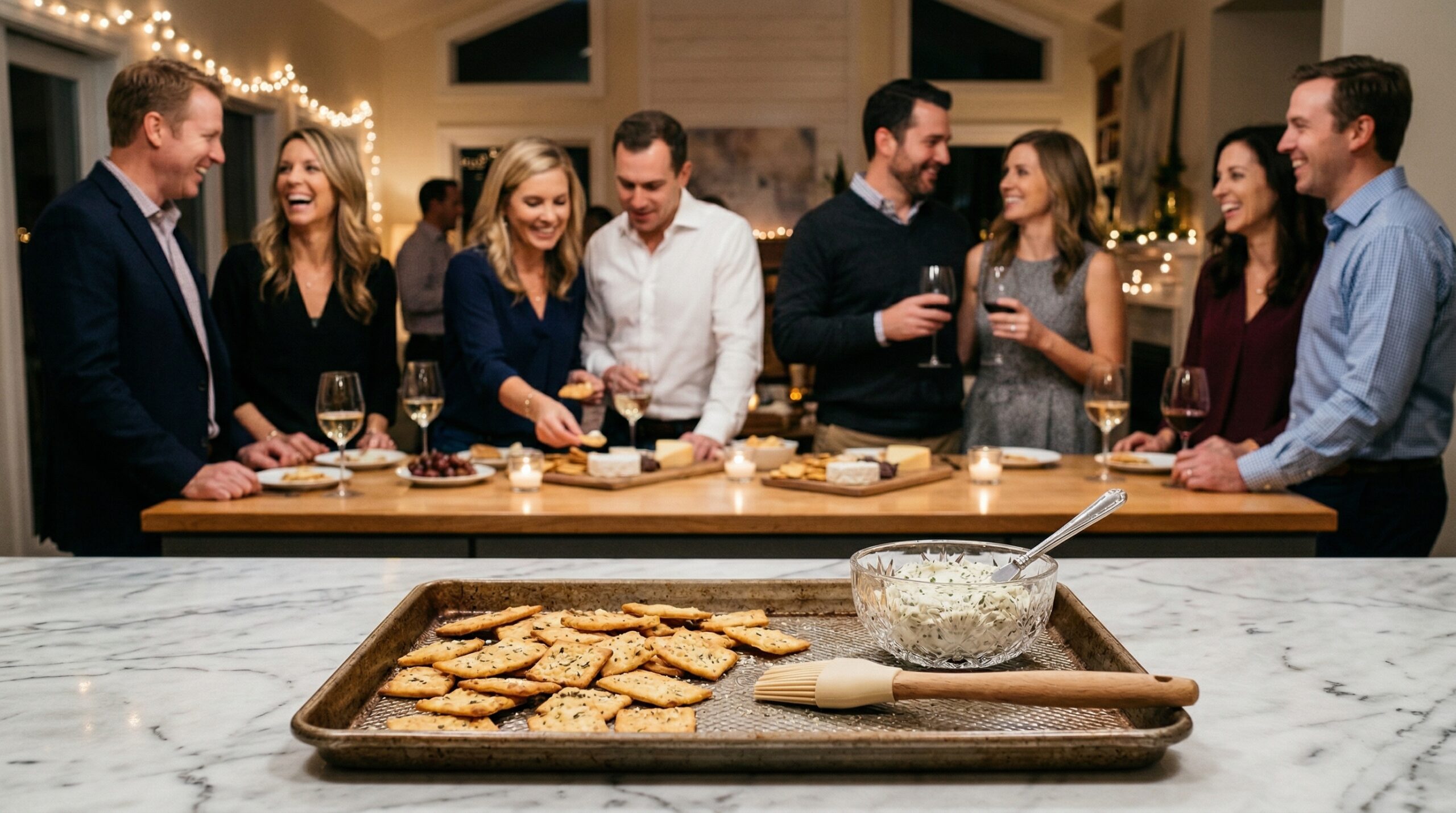 A heavy metal baking sheet holding golden toasted crackers, a silicone pastry brush, and a crystal serving bowl in sharp focus, with an elegant evening cocktail hour gathering of four Caucasian couples blurred in the background