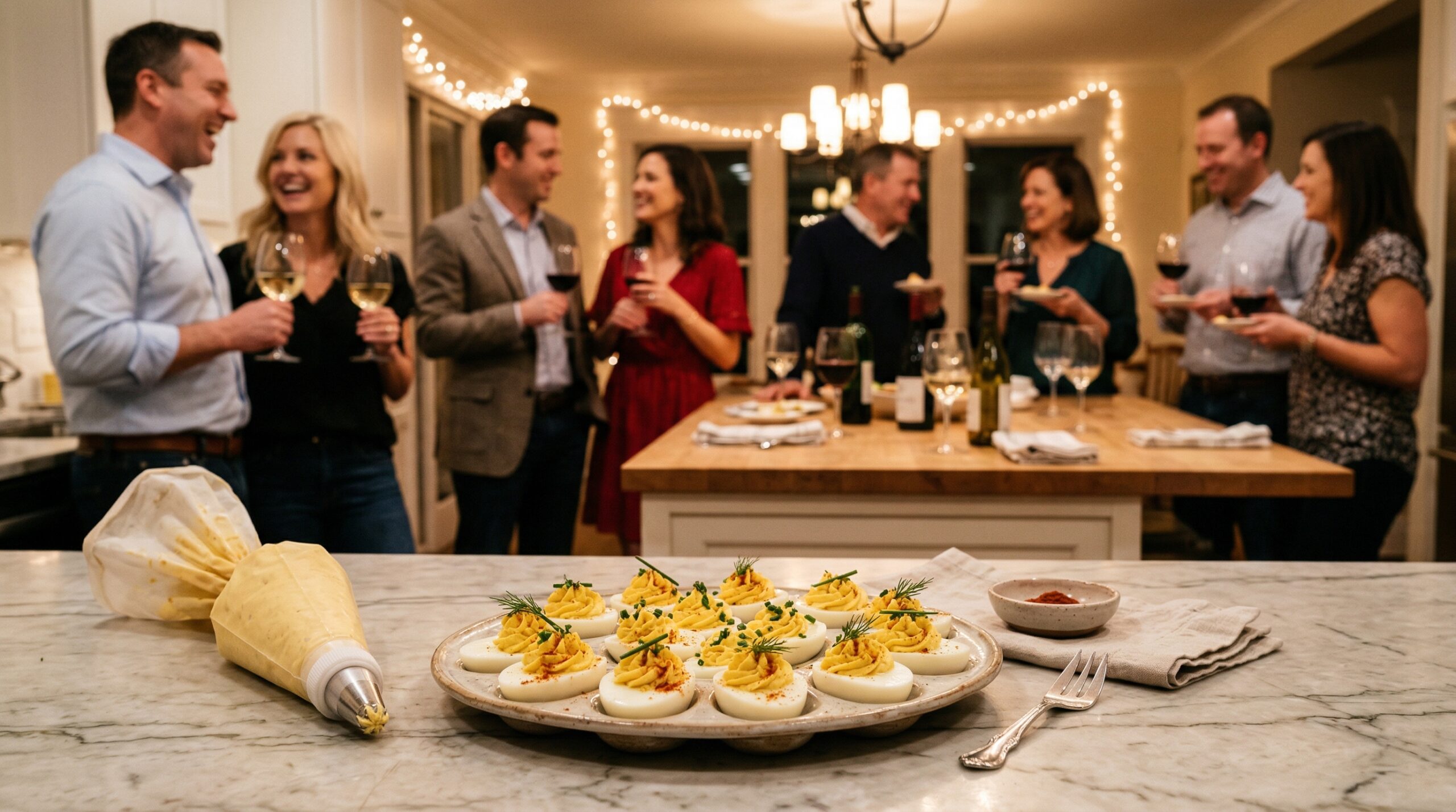 A ceramic platter of deviled eggs, a professional piping bag, and a silver serving fork in sharp focus, with an elegant softly lit cocktail party gathering blurred in the background