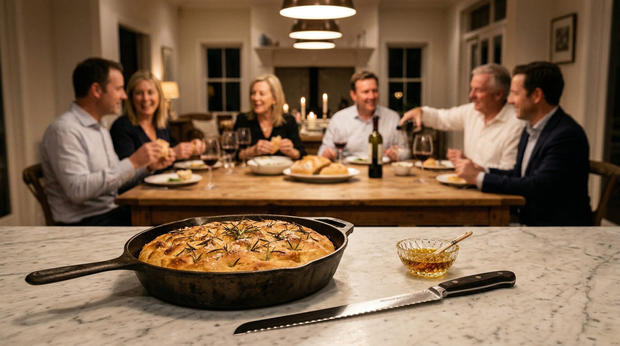 A heavy cast-iron skillet holding the baked focaccia, a professional serrated bread knife, and a small crystal dish of olive oil in sharp focus, with an elegant softly lit evening dining room gathering blurred in the background