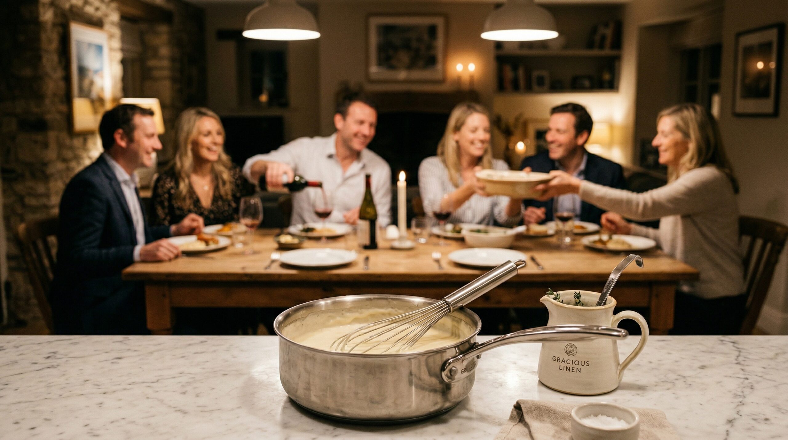 A heavy stainless steel saucepan holding the finished béchamel, a professional silver whisk, and a small Gracious Linen ceramic pitcher in sharp focus, with an elegant softly lit evening dining room gathering blurred in the background
