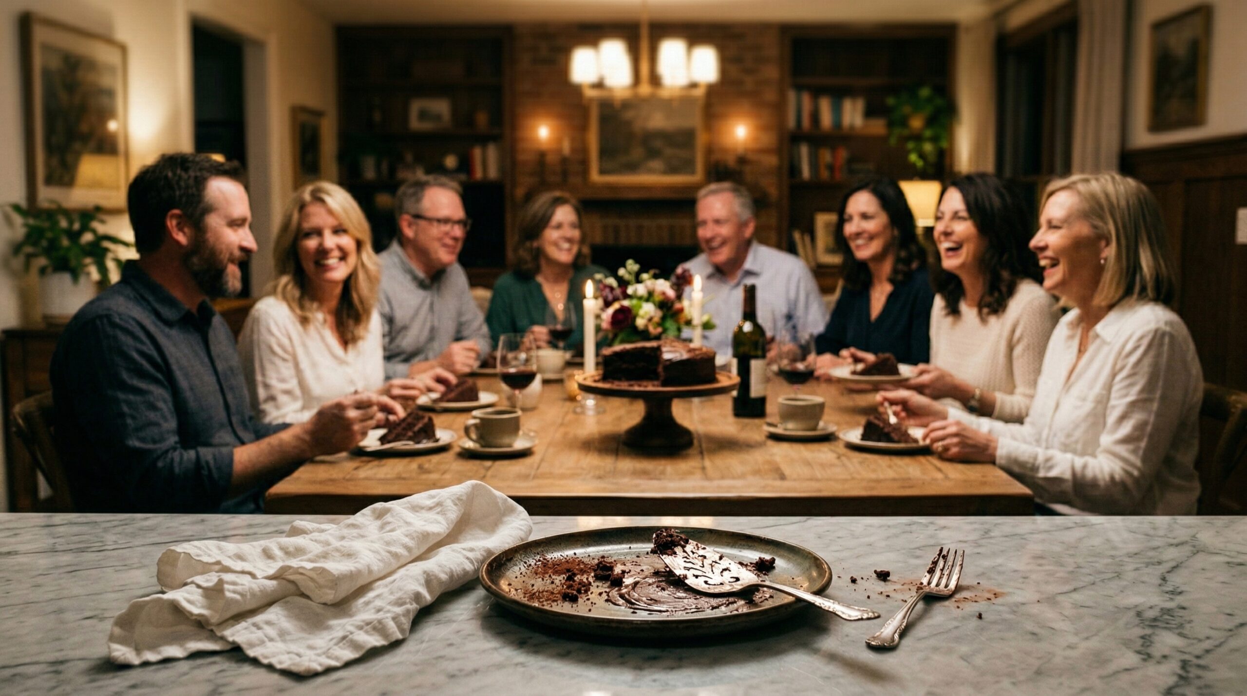 A family gathering enjoying chocolate cake