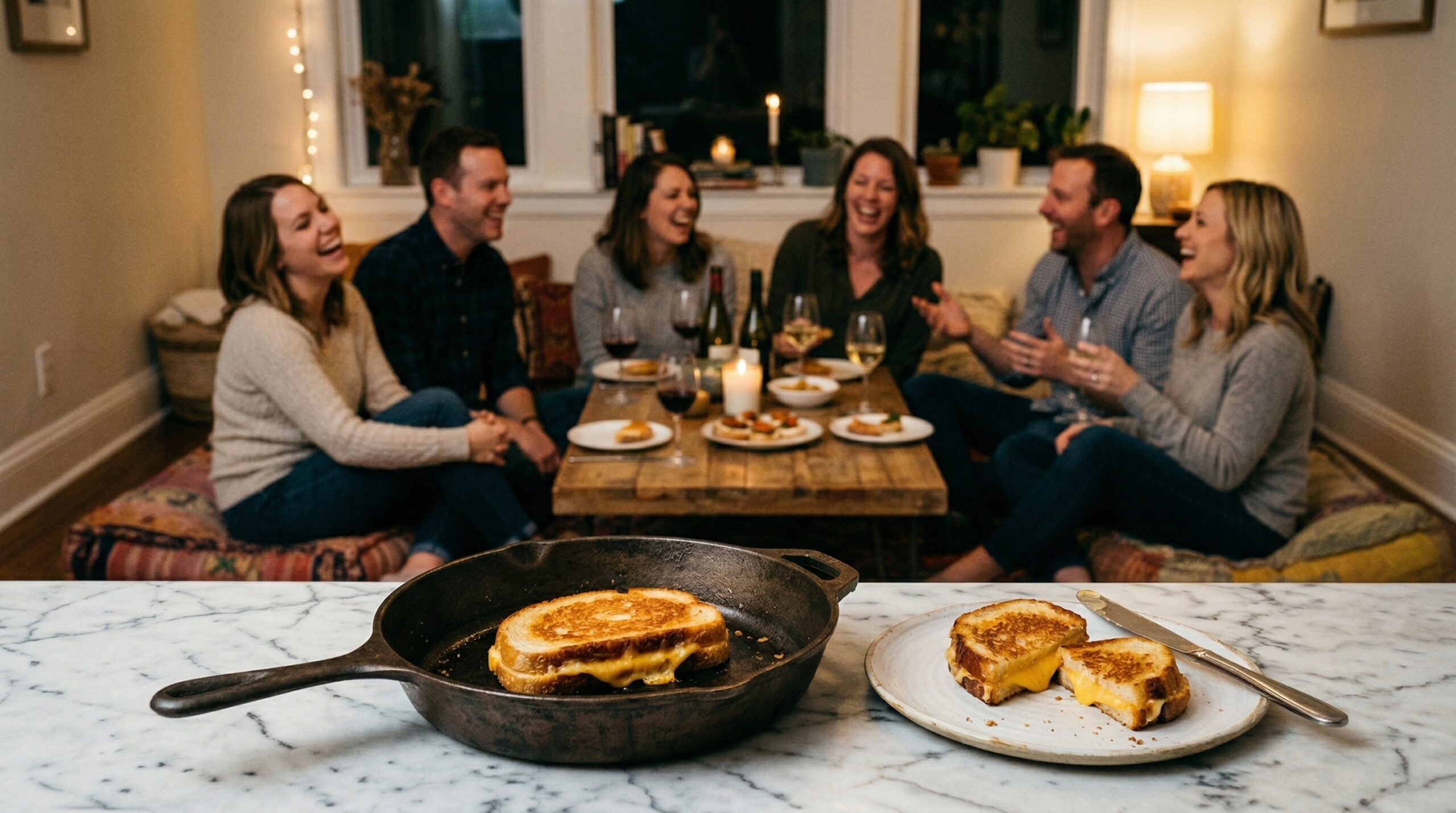 An elegant evening gathering where couples are sitting casually on plush floor cushions around a low coffee table