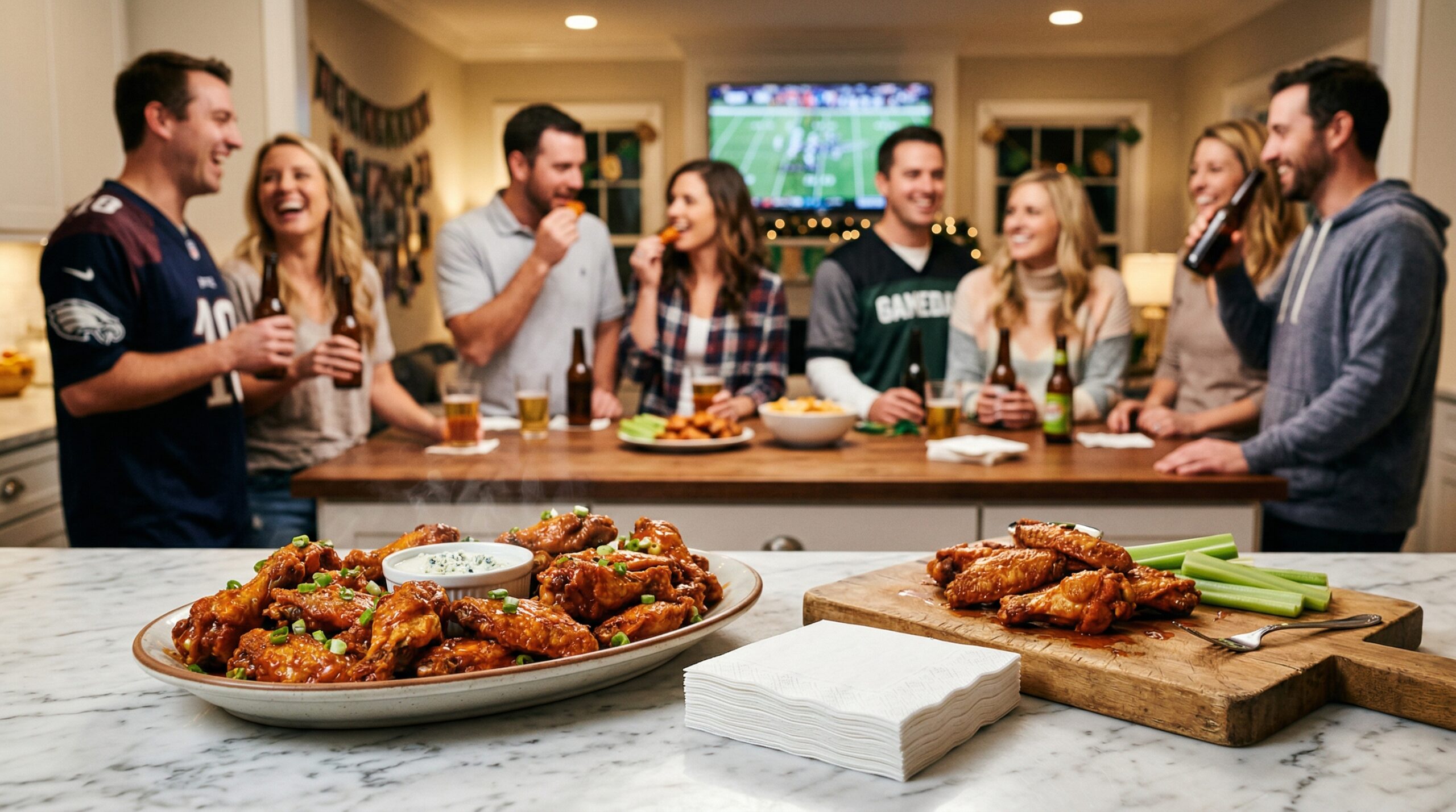 An elegant indoor game-day gathering around a kitchen island