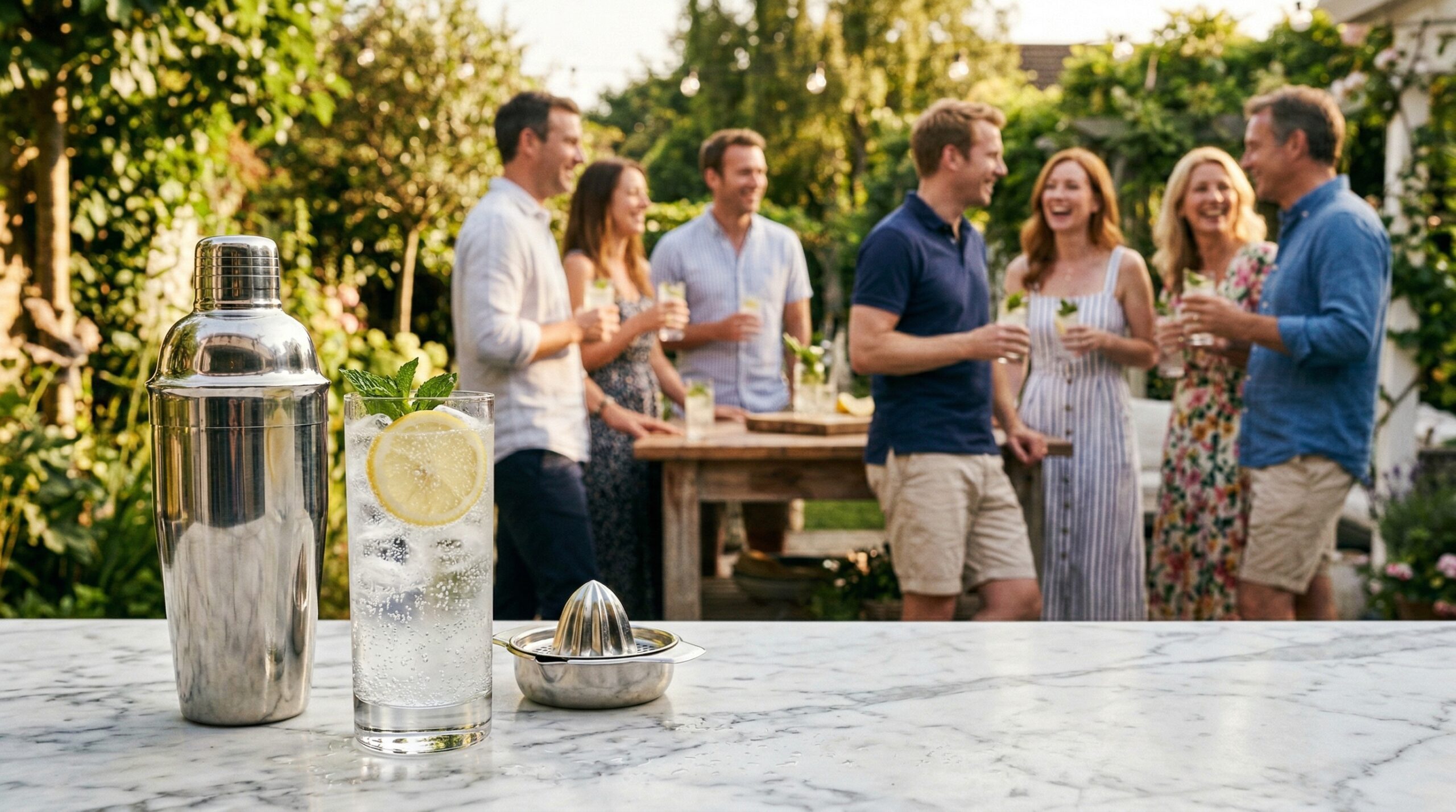 A heavy stainless steel cocktail shaker, a tall crystal highball glass filled with a bubbly gin fizz, and a silver citrus juicer in sharp focus in the foreground, with an elegant softly lit outdoor summer afternoon gathering blurred in the background