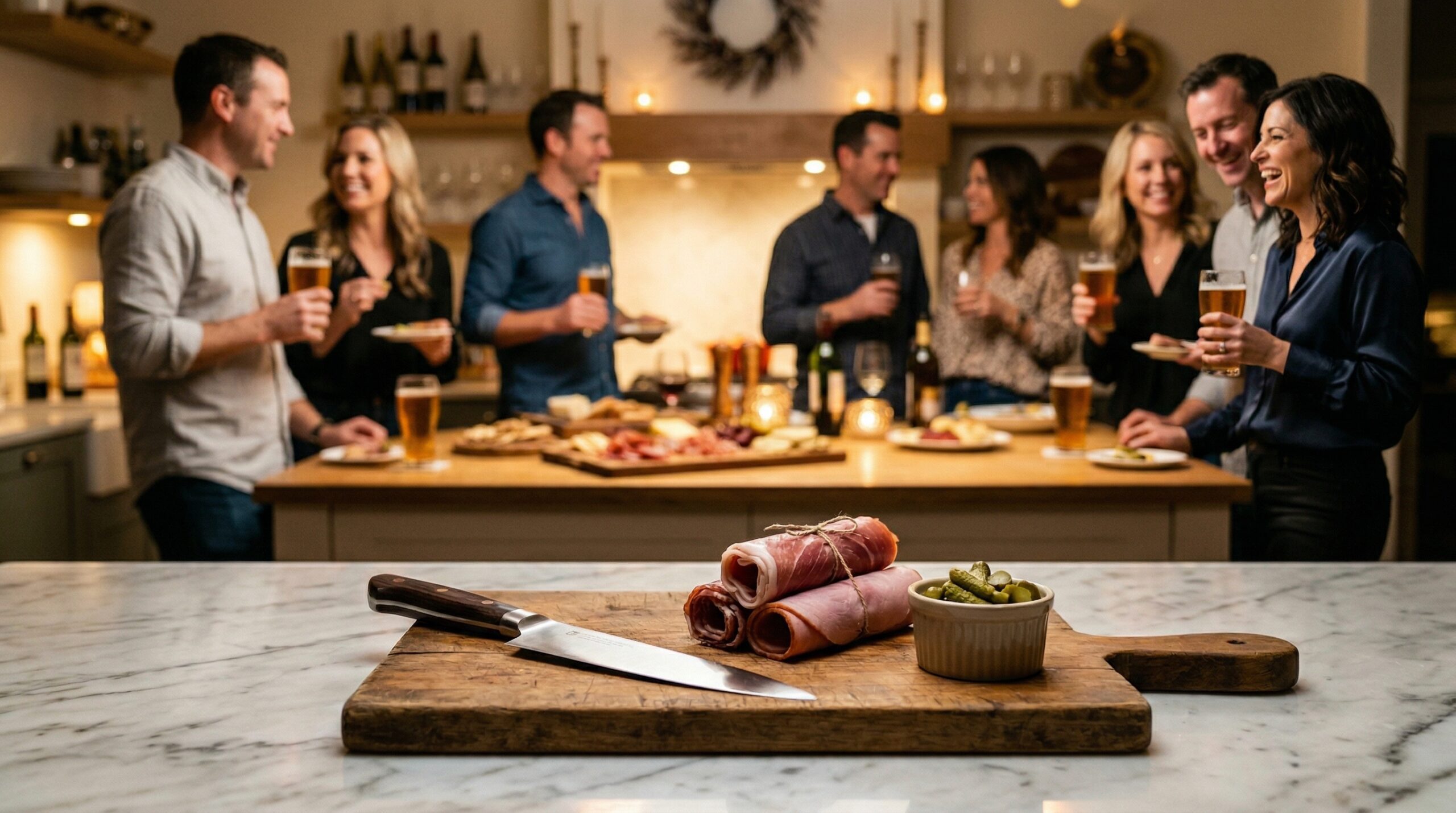A heavy wooden cutting board holding tightly wrapped ham cylinders, a chef's knife, and chopped pickles in sharp focus, with an elegant evening cocktail hour blurred in the background