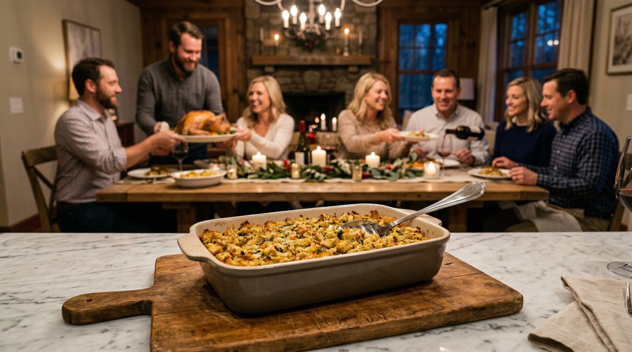 A heavy ceramic baking dish holding golden bread dressing and a polished silver serving spoon in sharp focus in the foreground, with an elegant softly lit evening dining room gathering blurred in the background
