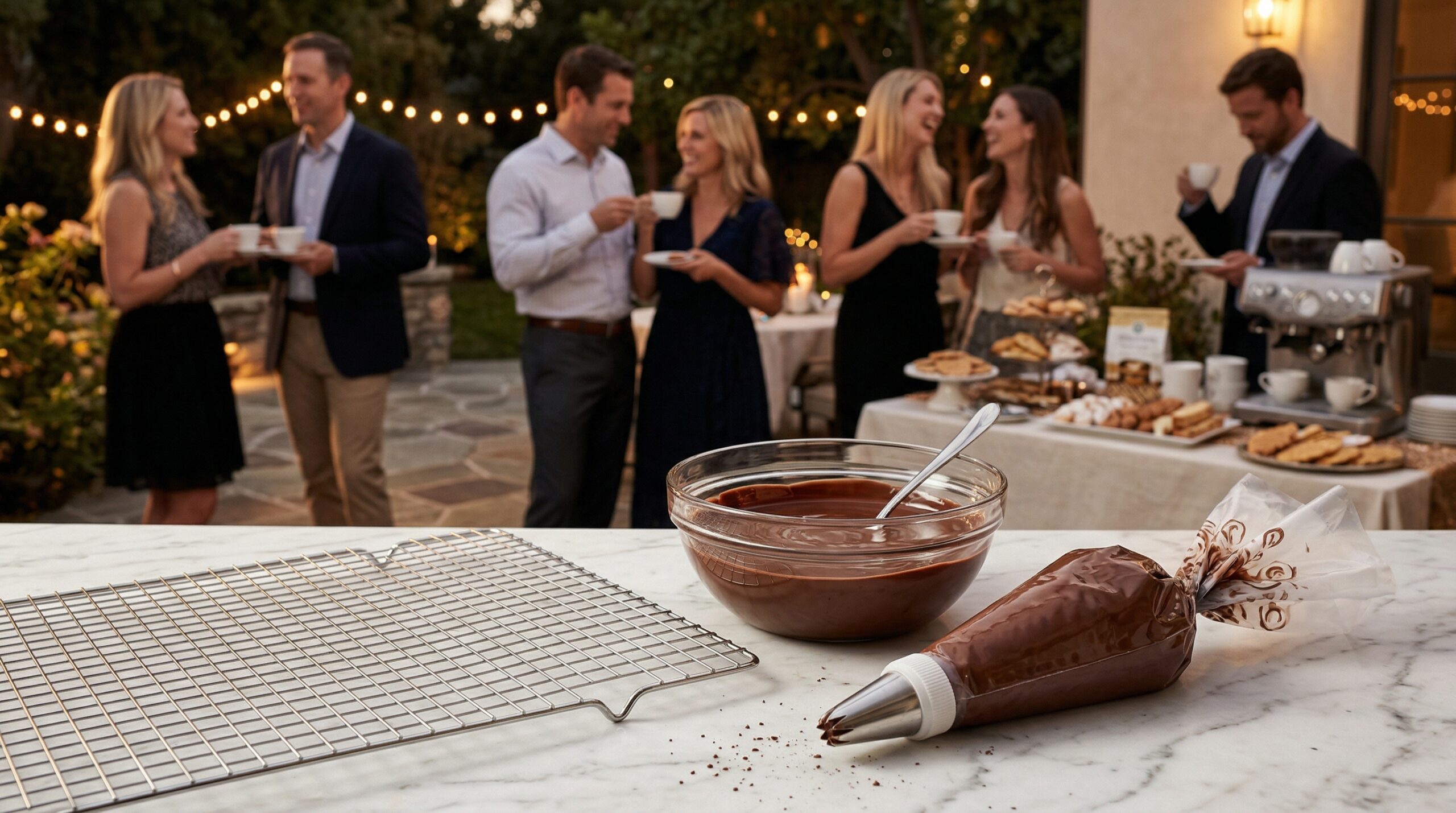 Elegant evening dessert gathering with pastry tools in foreground