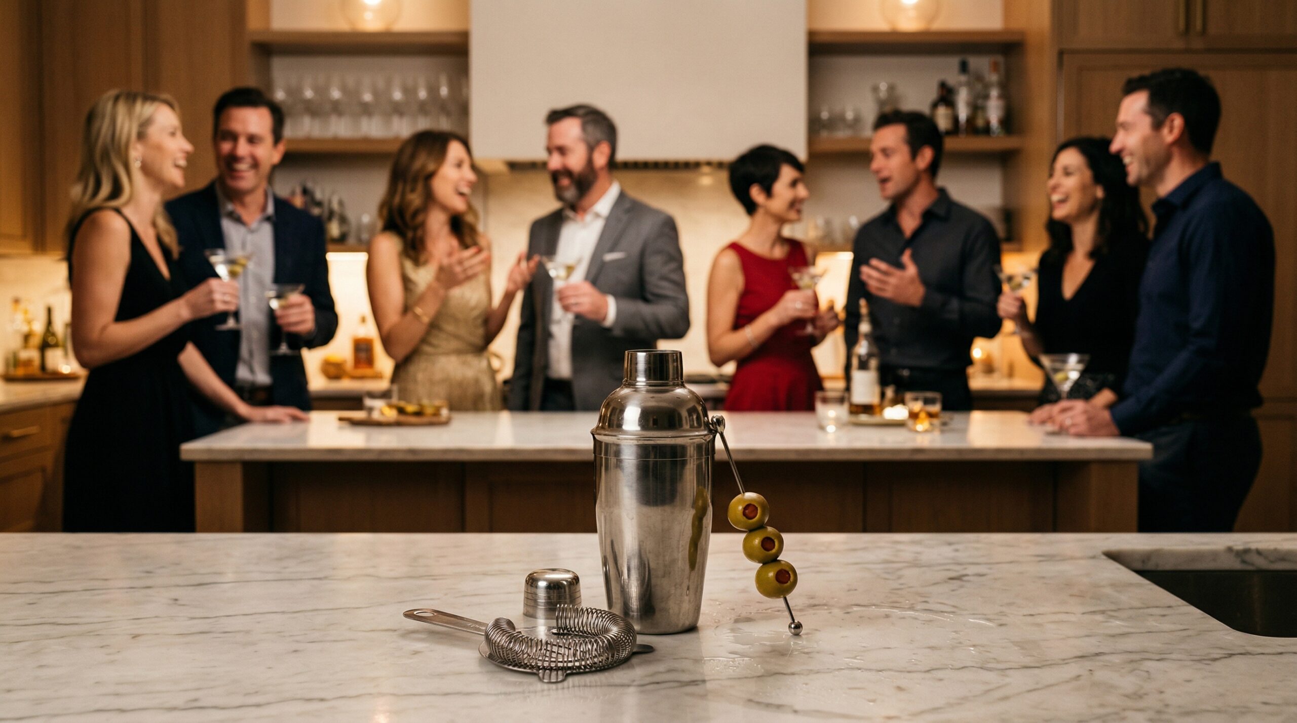 A heavy stainless steel cocktail shaker, a Hawthorne strainer, and a silver cocktail pick holding colossal olives in sharp focus in the foreground, with an elegant softly lit evening cocktail party blurred in the background