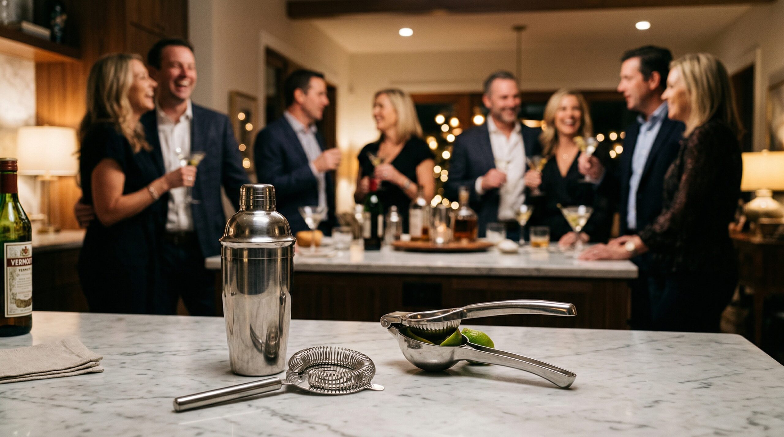 A heavy stainless steel cocktail shaker, a Hawthorne strainer, and a silver citrus juicer in sharp focus in the foreground, with an elegant softly lit evening cocktail party blurred in the background