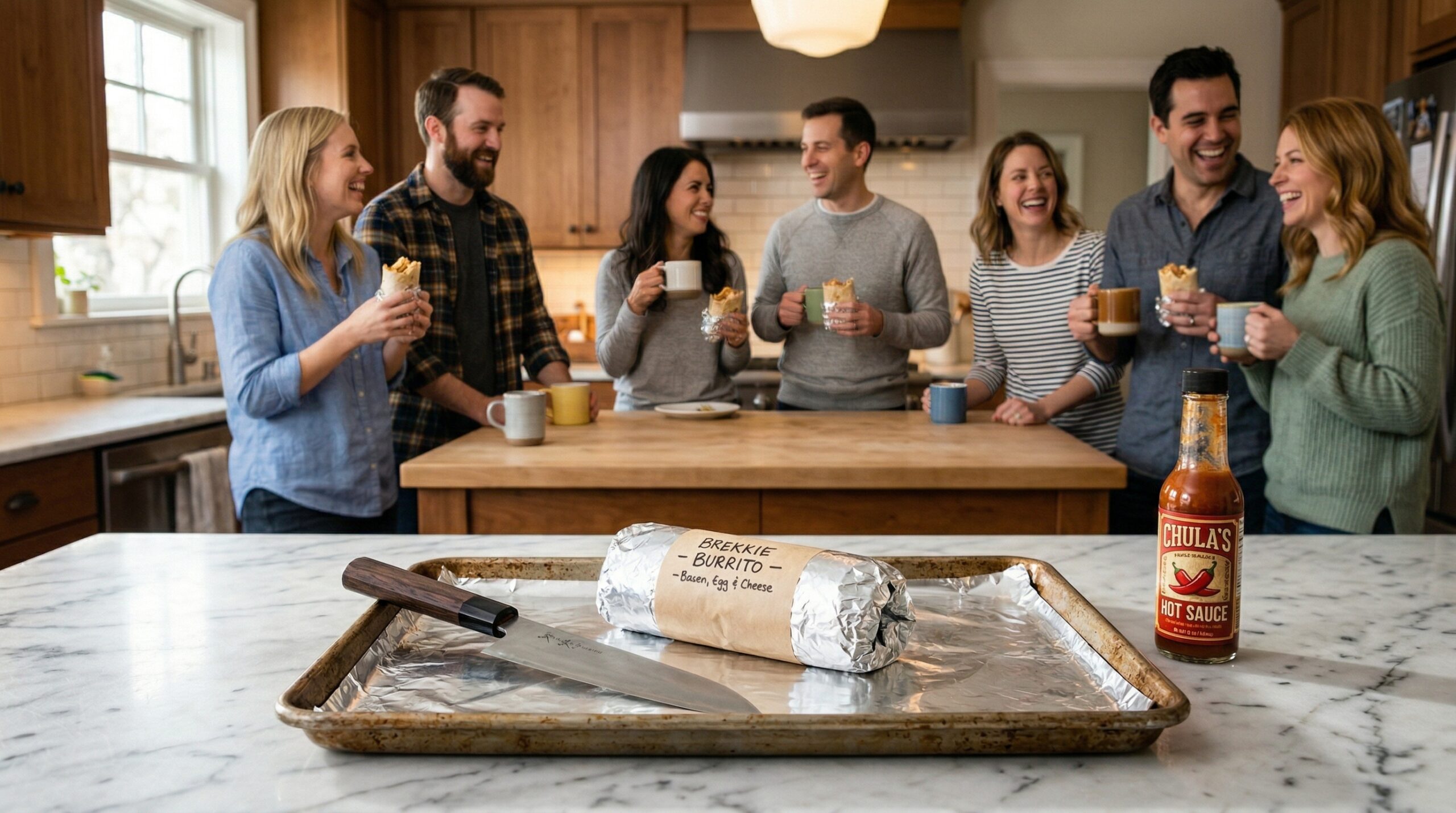 A heavy metal baking sheet holding a foil-wrapped breakfast burrito, a sharp chef's knife, and hot pepper sauce in sharp focus in the foreground, with an elegant softly lit morning kitchen gathering blurred in the background