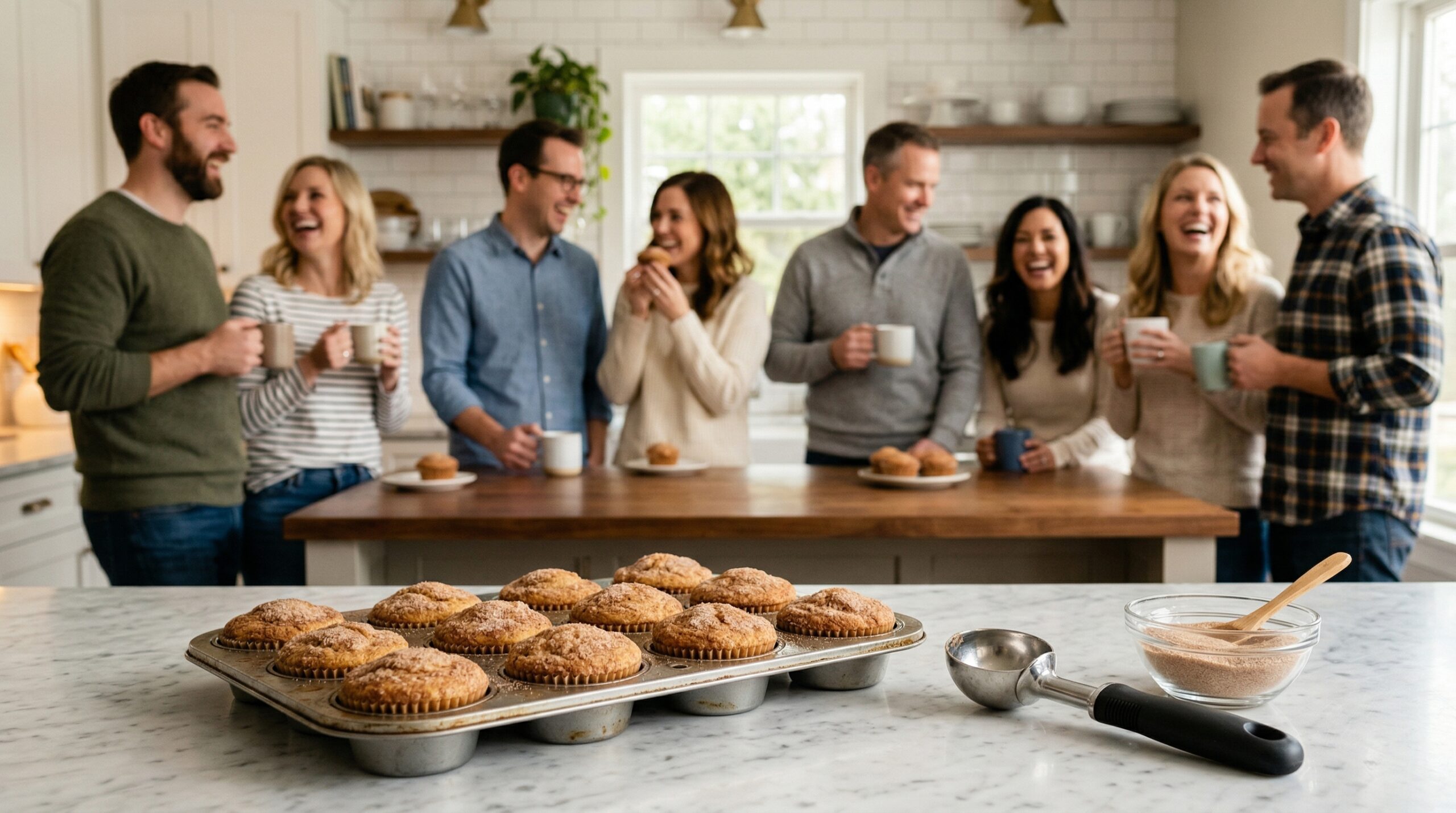 A metal muffin tin, an ice cream scoop, and a glass bowl of cinnamon sugar in sharp focus in the foreground, with an elegant softly lit morning kitchen gathering blurred in the background