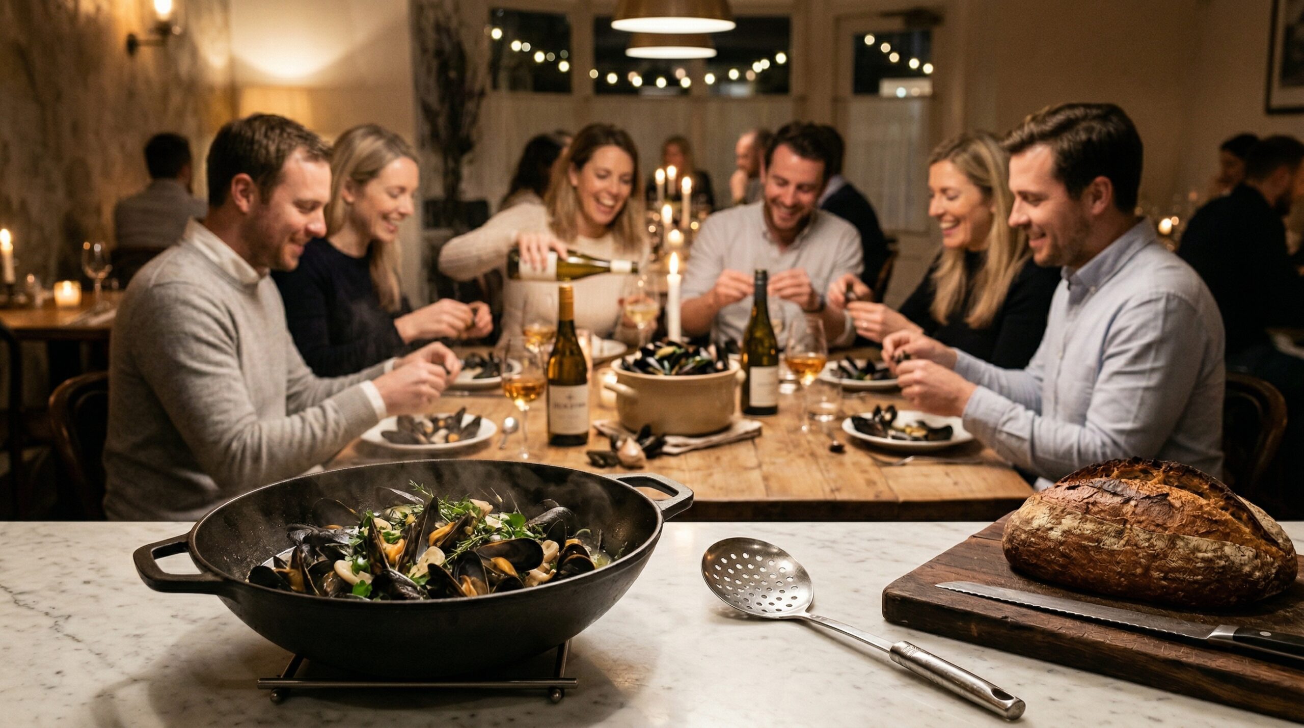 A heavy cast-iron wok holding steaming mussels, a professional slotted spoon, and crusty bread in sharp focus in the foreground, with an elegant softly lit evening dining room gathering blurred in the background