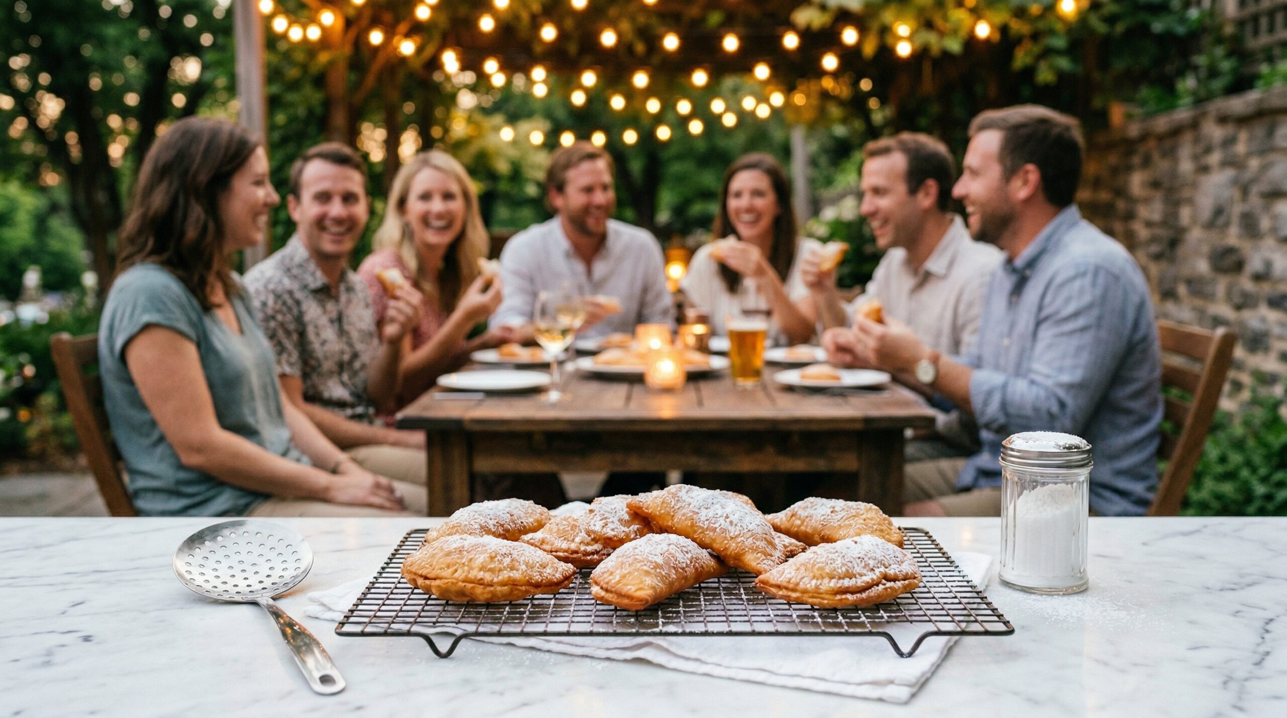 A wire cooling rack holding golden fried hand pies, a slotted spider spoon, and a sugar shaker in sharp focus in the foreground, with an elegant outdoor summer evening gathering blurred in the background