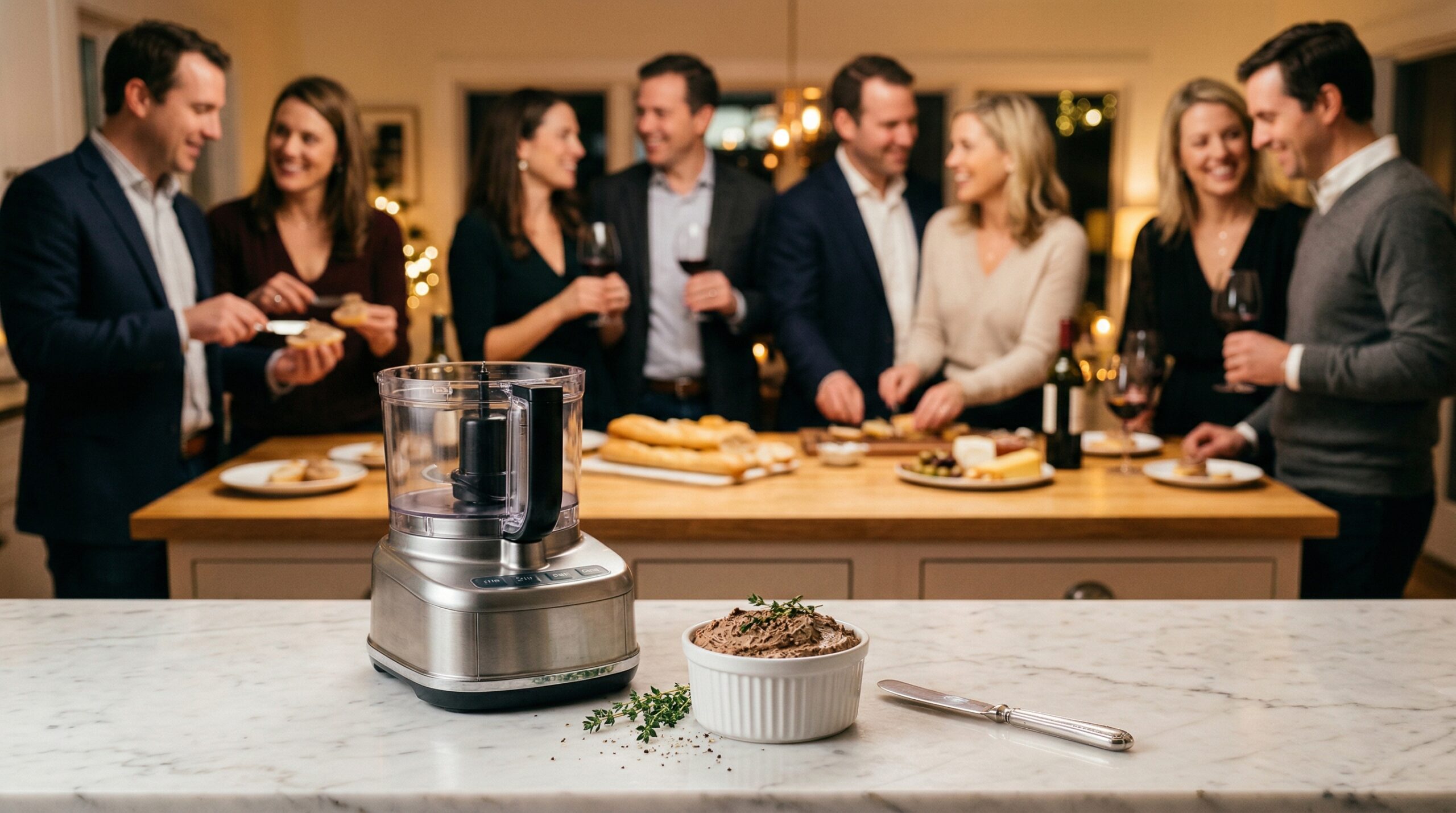 A high-capacity food processor bowl, a silver spreading knife, and a small ramekin of liver mousse in sharp focus in the foreground, with an elegant softly lit evening cocktail hour blurred in the background