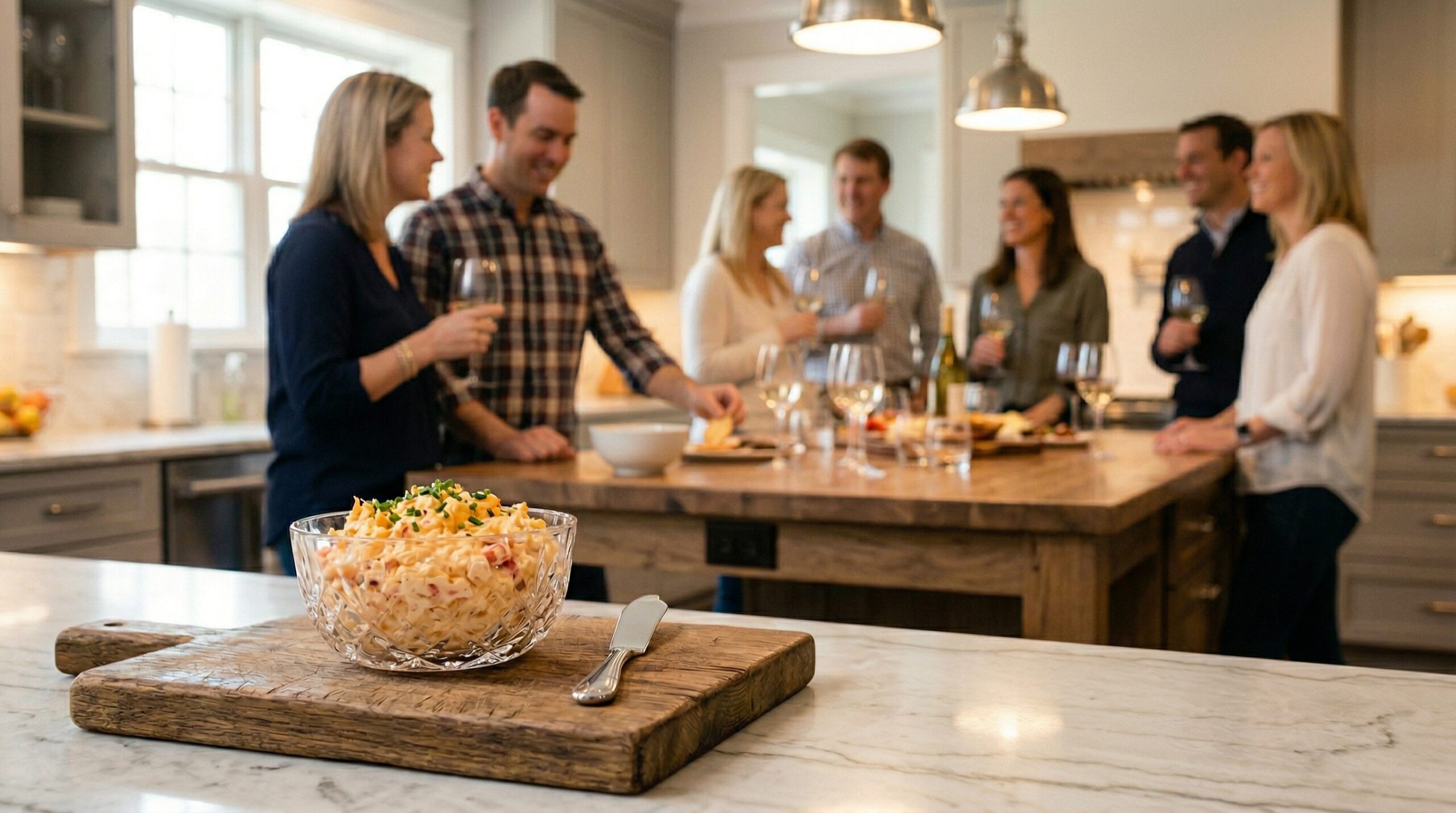 A crystal bowl of pimento cheese, a polished silver serving spreader, and a heavy wooden cutting board in sharp focus, with an elegant evening cocktail gathering blurred in the background