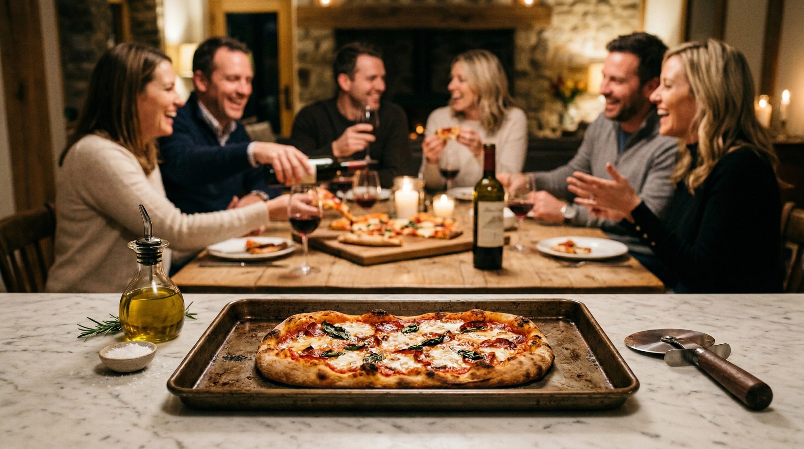 An elegant, softly lit evening gathering around a rustic wooden table, eating pizza