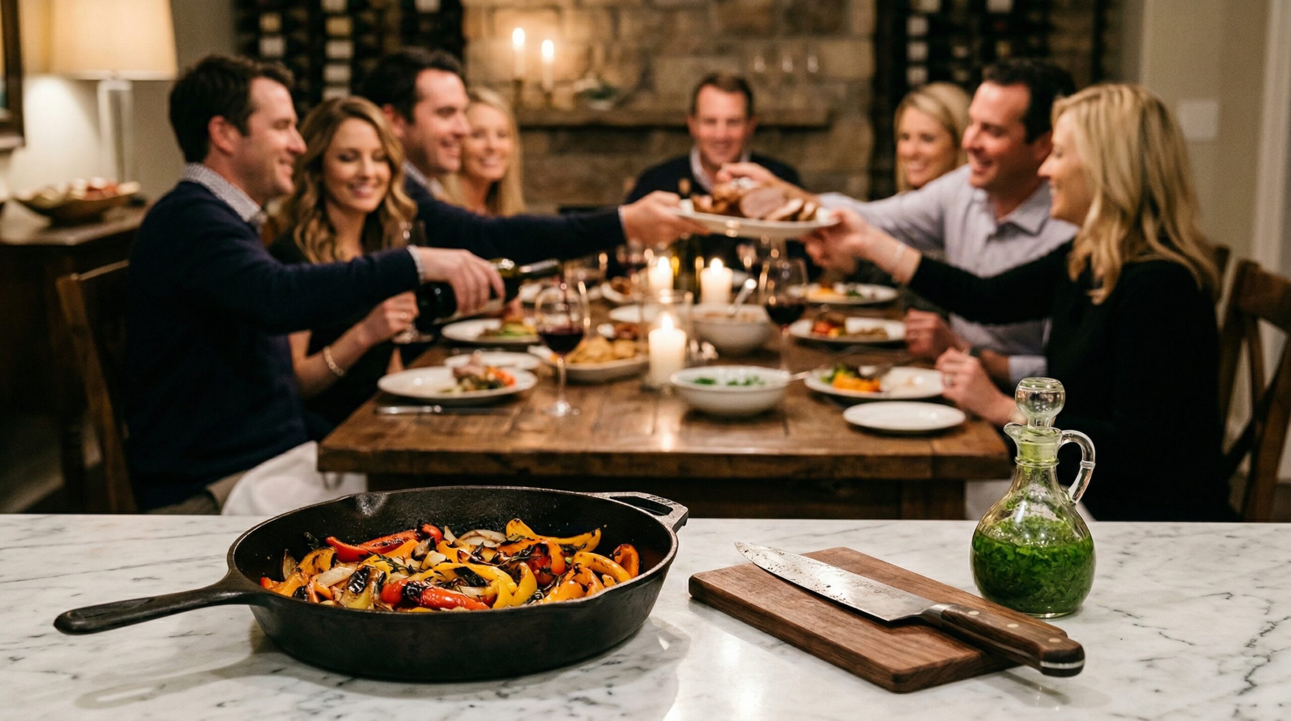 A heavy cast-iron skillet holding caramelized peppers, a professional carving knife, and a glass cruet of cilantro vinaigrette in sharp focus in the foreground, with an elegant evening dining room gathering blurred in the background