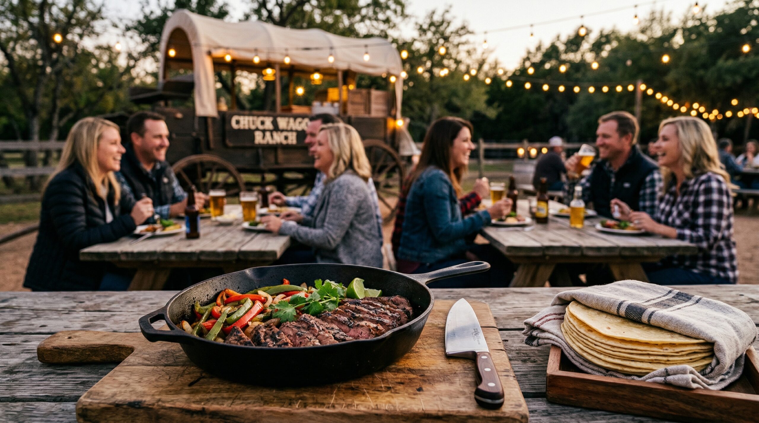 An elegant but rustic outdoor evening gathering around a long wooden picnic table near a vintage chuck wagon