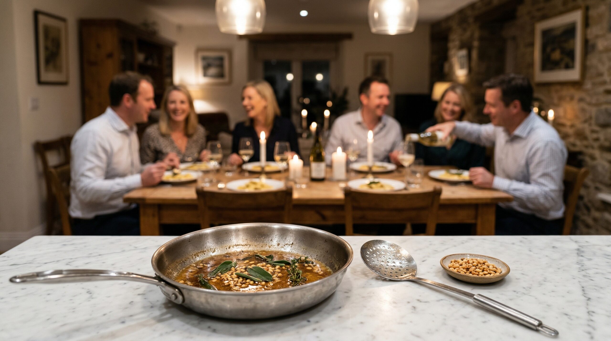 A heavy stainless steel skillet holding the brown butter sauce and a professional slotted spoon in sharp focus in the foreground, with an elegant softly lit evening dining room gathering blurred in the background