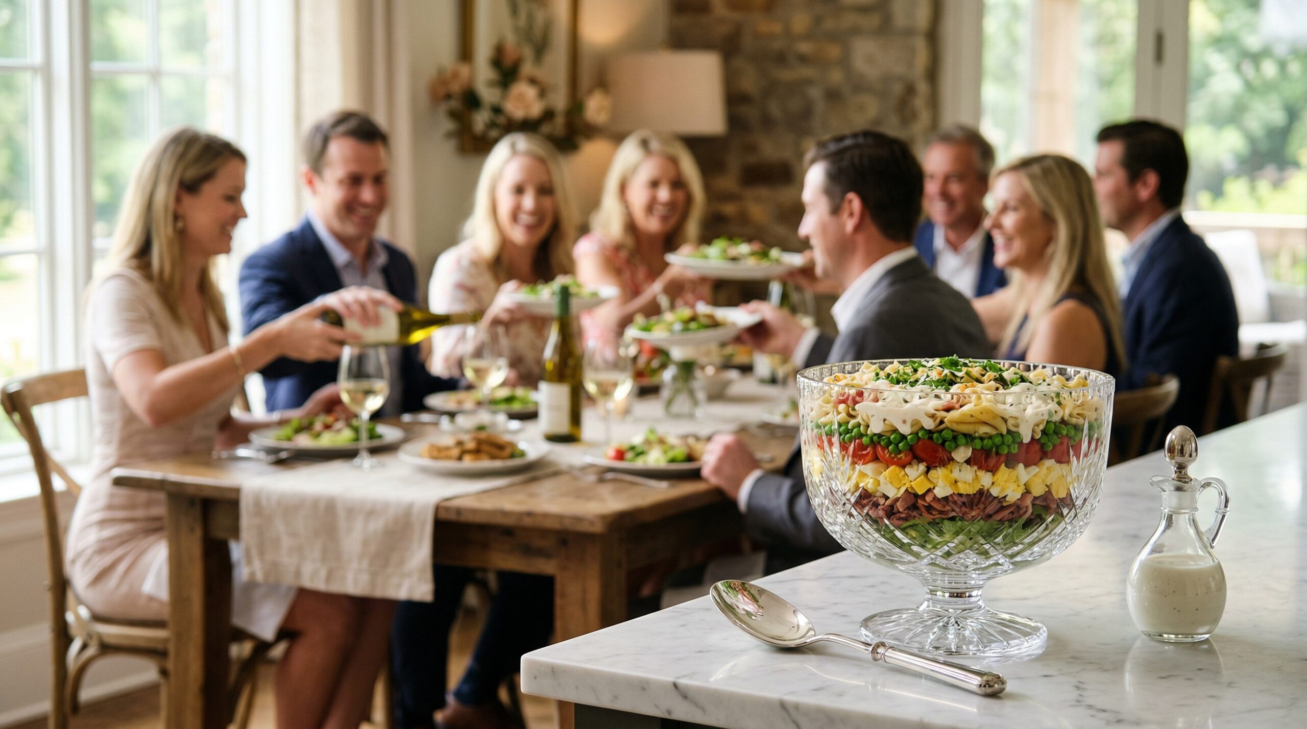 A heavy crystal trifle bowl holding the layered salad, a polished silver serving spoon, and a small glass cruet of extra dressing in sharp focus, with an elegant softly lit afternoon luncheon gathering blurred in the background