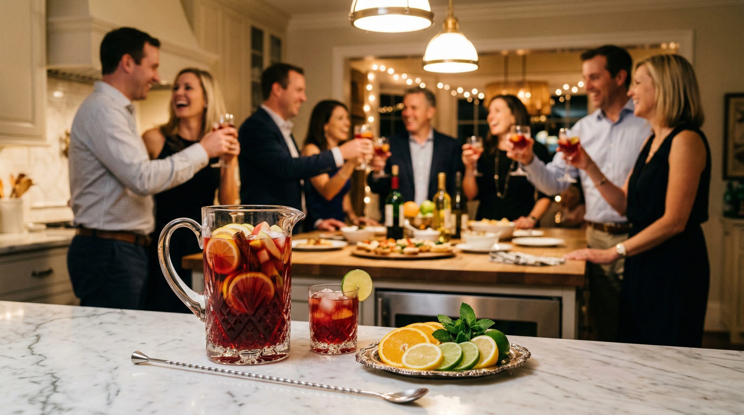 A heavy crystal pitcher filled with red sangria, a professional stainless steel stirring spoon, and a small silver dish of citrus wheels in sharp focus, with an elegant evening cocktail gathering blurred in the background