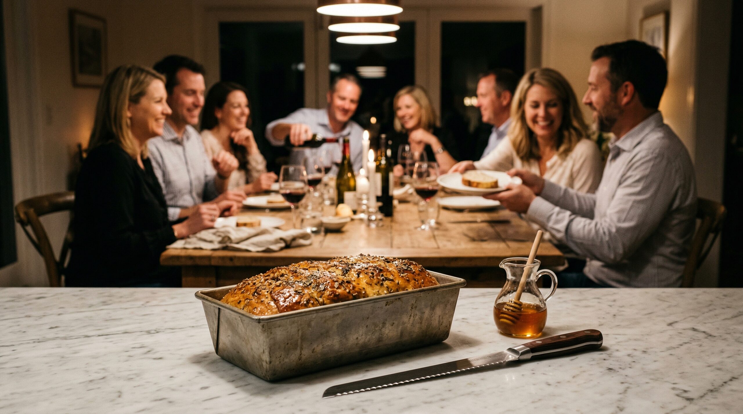 A heavy metal loaf pan holding the glazed bread, a professional serrated bread knife, and a small glass cruet of honey in sharp focus in the foreground, with an elegant softly lit evening dining room gathering blurred in the background