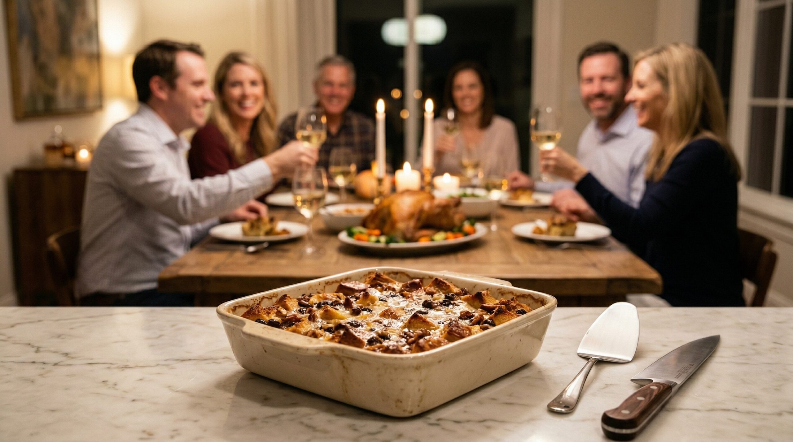 A heavy ceramic 9x9 square baking dish holding bubbling bread pudding and a polished silver serving spatula in sharp focus in the foreground, with an elegant softly lit evening dining room gathering blurred in the background
