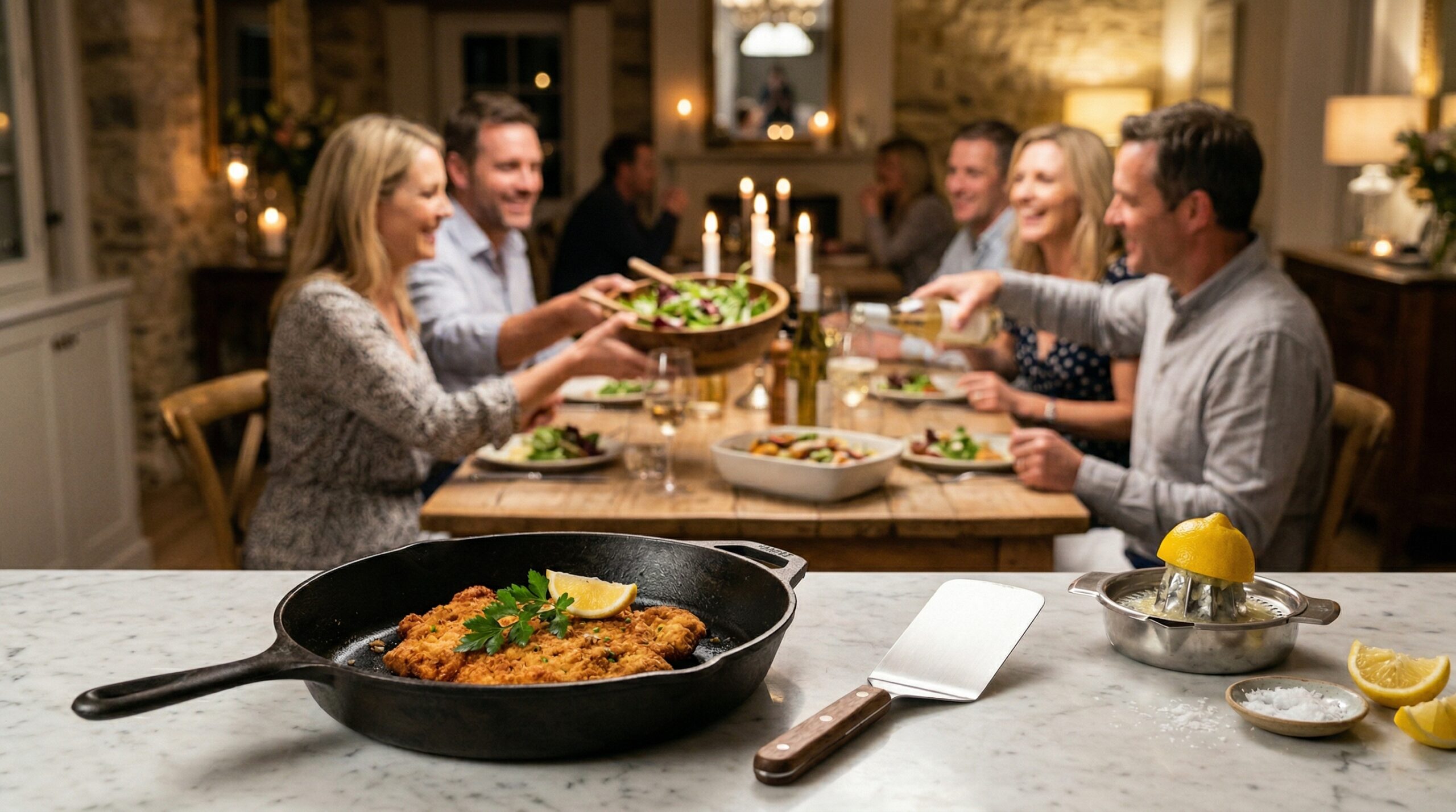 A heavy cast-iron skillet holding a golden schnitzel and a professional serving spatula in sharp focus in the foreground, with an elegant softly lit evening dining room gathering blurred in the background