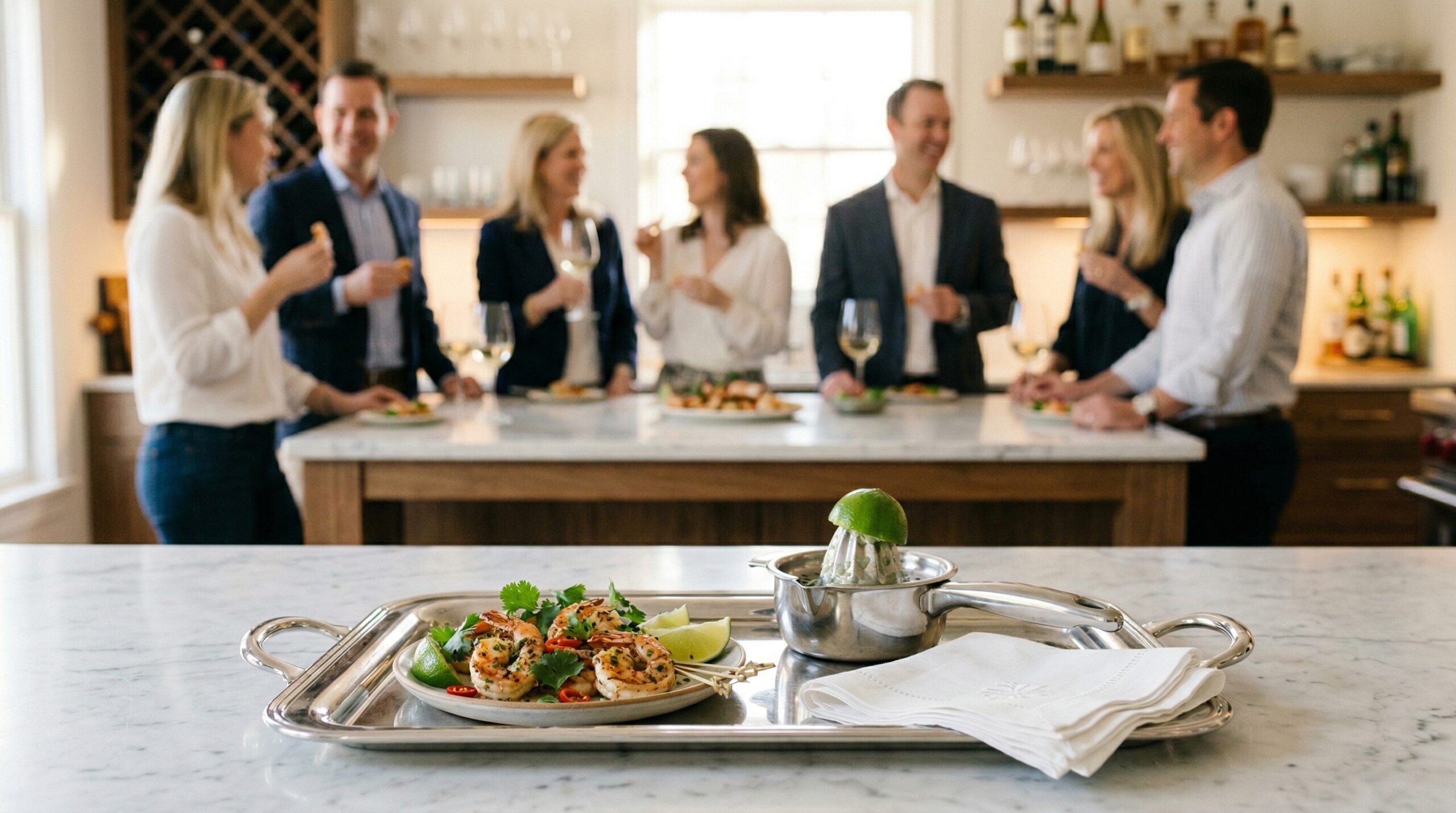 A polished silver serving tray holding the cilantro lime shrimp and a professional silver citrus juicer in sharp focus, with an elegant softly lit afternoon cocktail hour gathering of four Caucasian couples blurred in the background