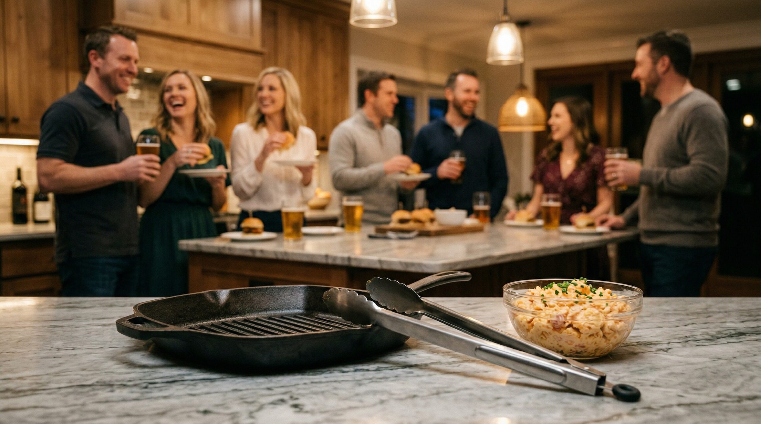 A heavy cast-iron grill pan, professional stainless steel grilling tongs, and a glass bowl of extra pimento cheese in sharp focus in the foreground, with an elegant softly lit evening gathering of four Caucasian couples blurred in the background
