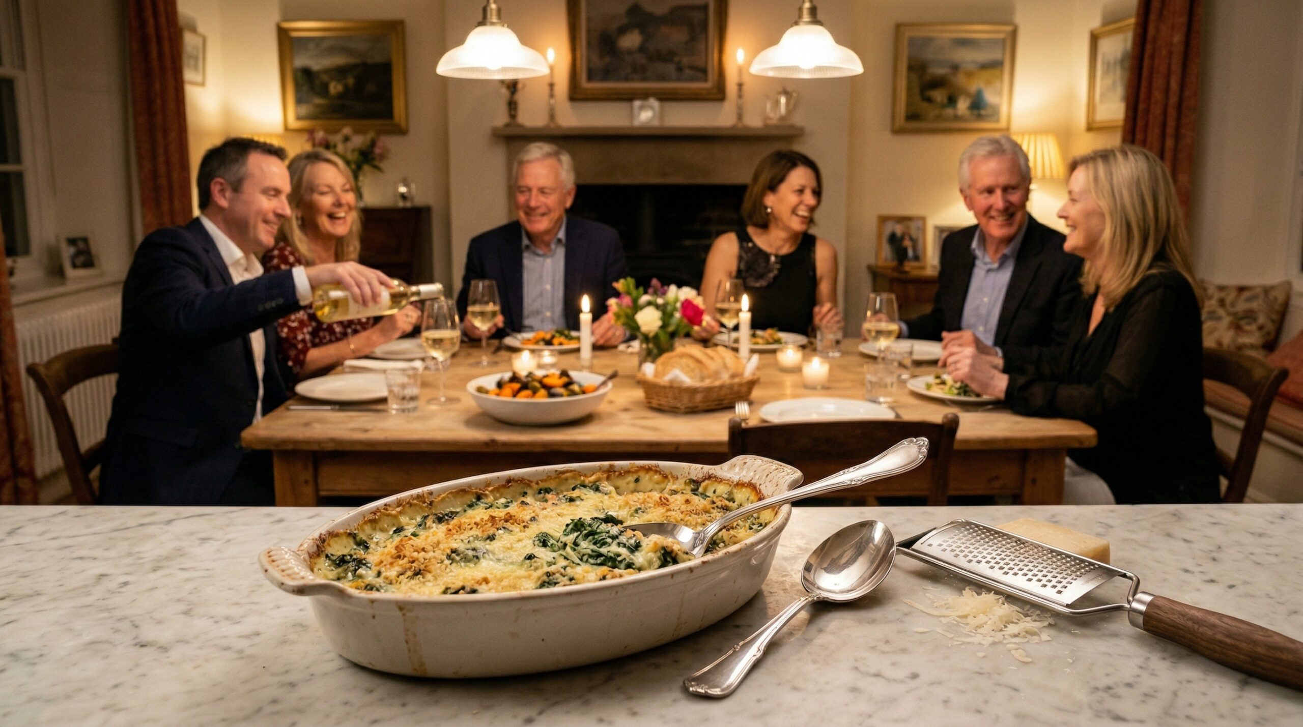 A heavy ceramic au gratin dish holding bubbling spinach, a silver serving spoon, and a cheese grater in sharp focus in the foreground, with an elegant evening dining room gathering blurred in the background