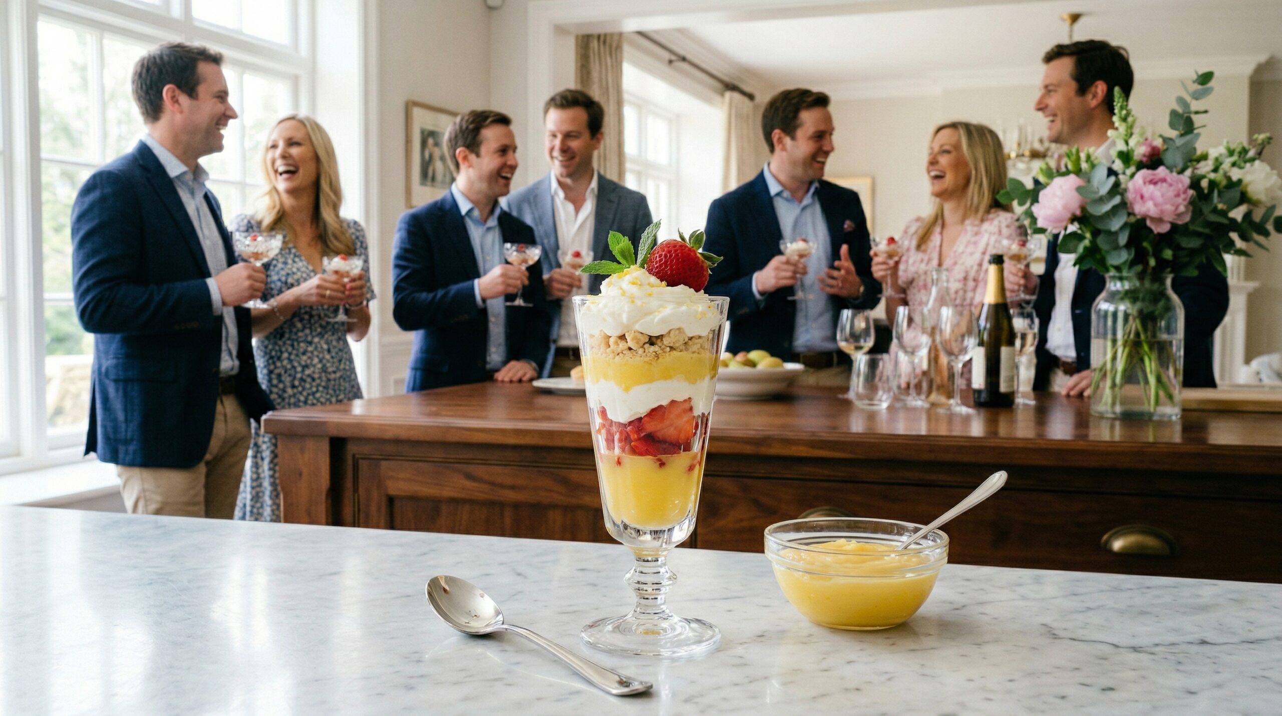 A crystal parfait glass heavily layered with lemon curd and strawberries, a polished silver dessert spoon, and a glass bowl of extra lemon curd in sharp focus in the foreground, with an elegant softly lit spring afternoon gathering blurred in the background