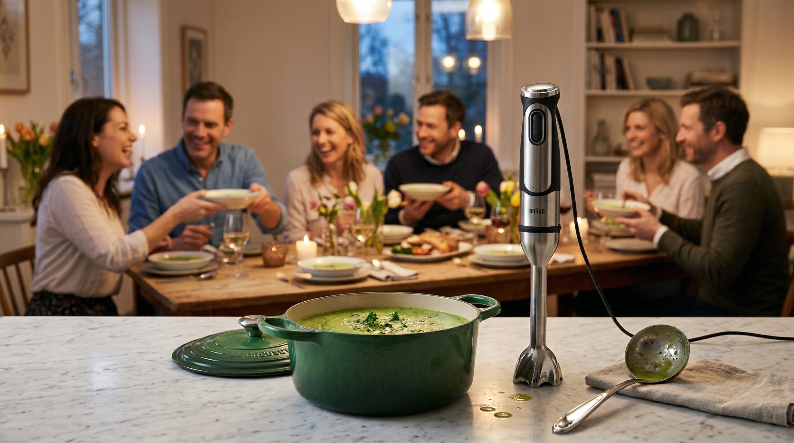 A heavy enameled cast-iron soup pot, a professional immersion blender, and a silver soup ladle in sharp focus in the foreground, with an elegant softly lit spring evening dining room gathering blurred in the background
