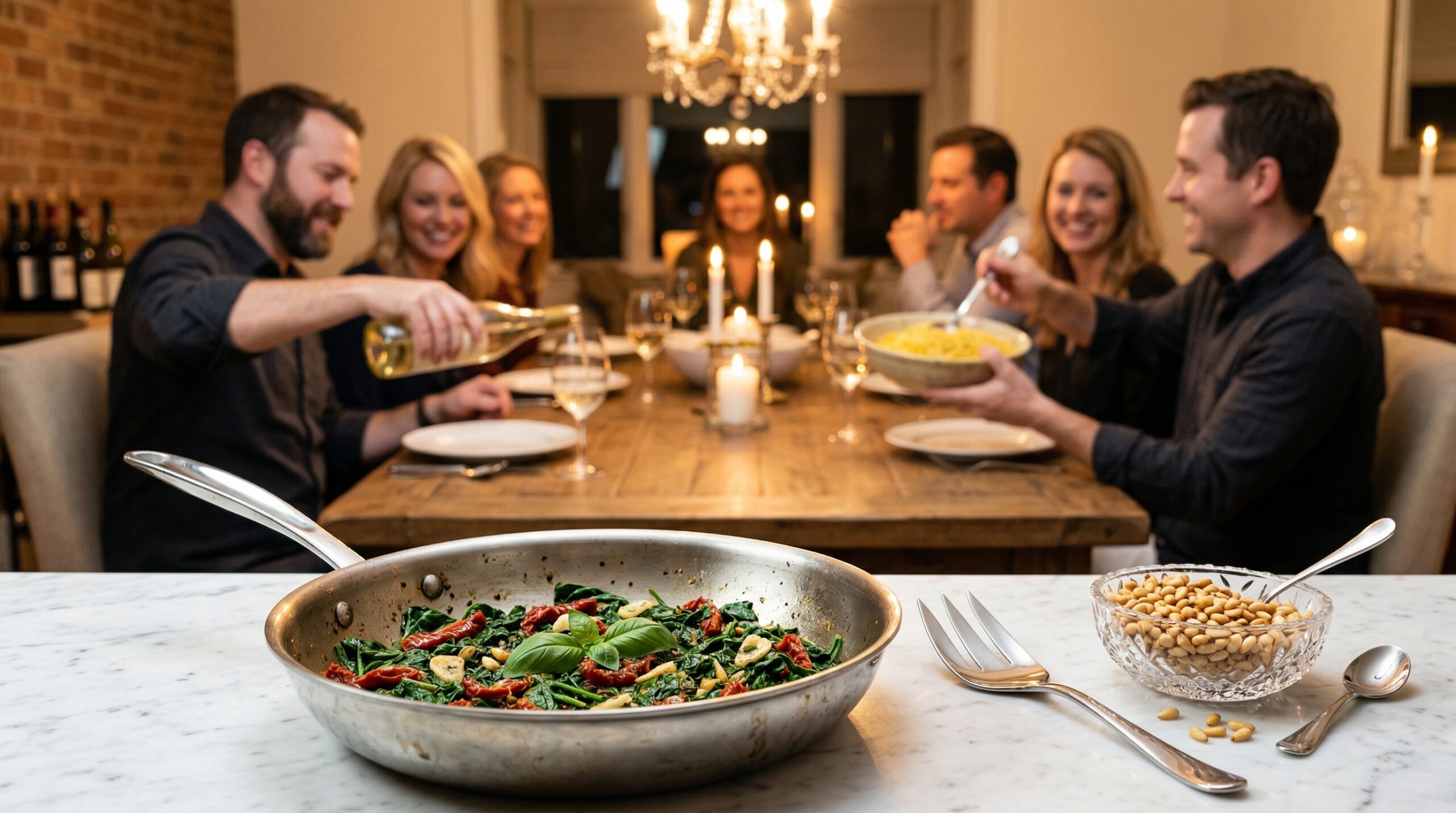Elegant dinner party background with kitchen tools in foreground